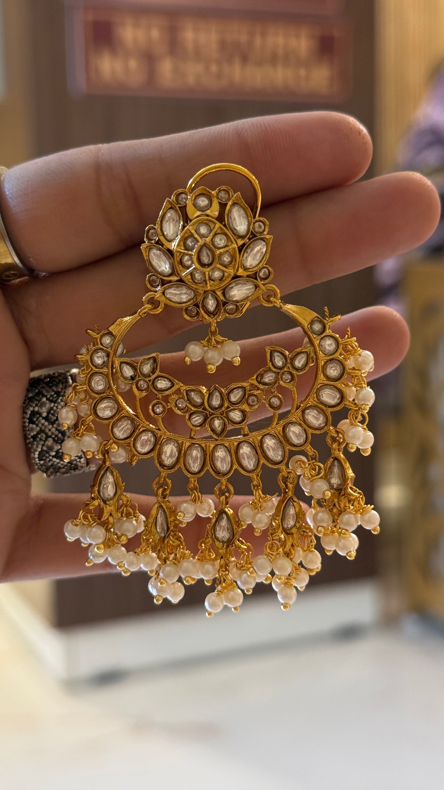 Polki lotus shaped chandbali with pearl detailing