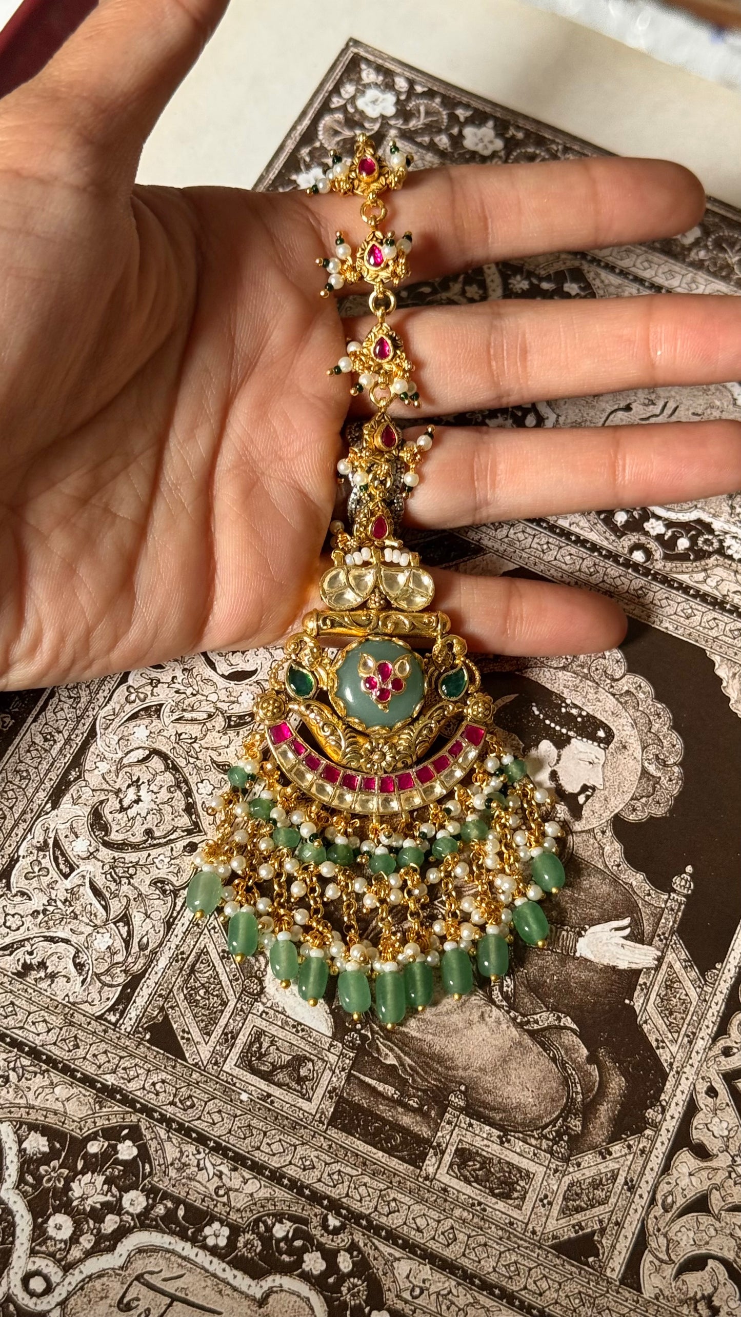 Mint inlay work & rani pink floral with mint drop maangtika