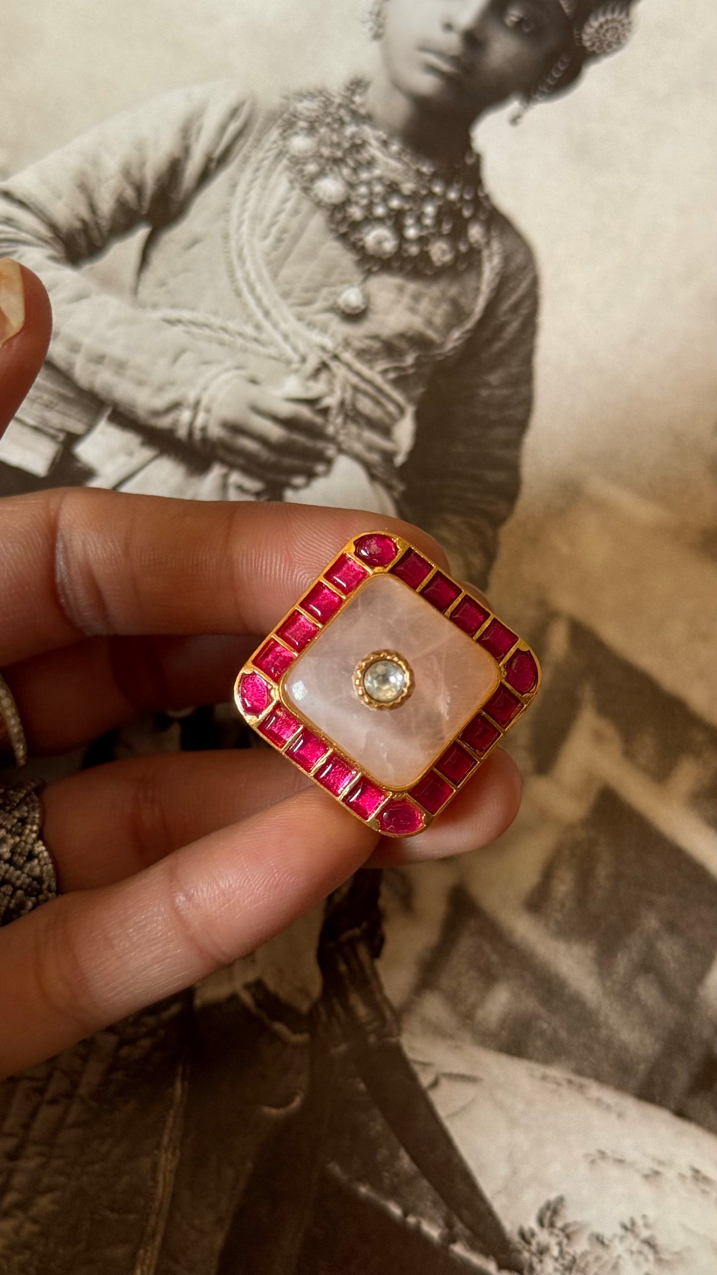 Rose quartz inlay work & rani pink katdana adjustable ring
