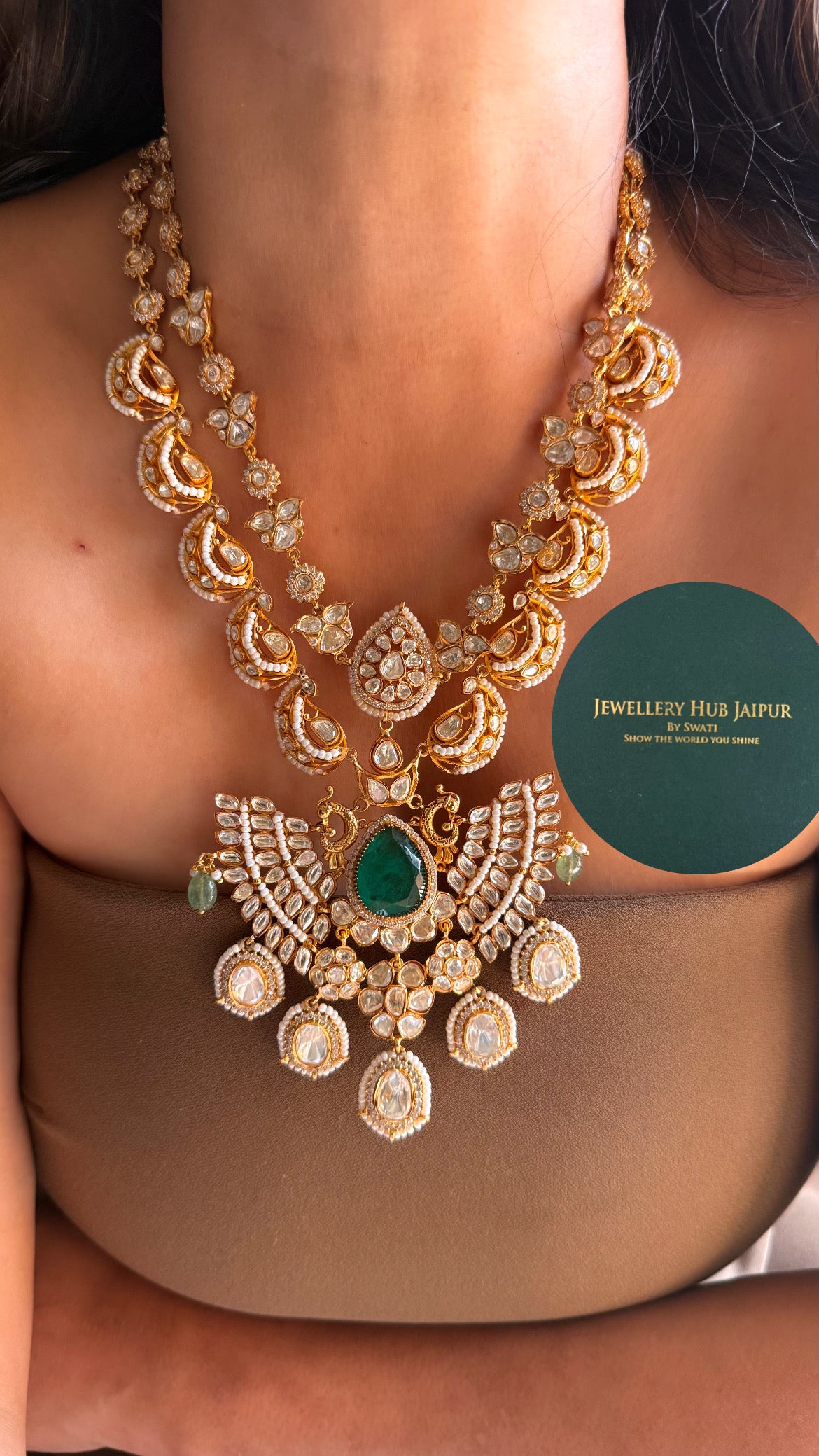 Real moissanite & emerald doublet with mint strawberry designer mid length set