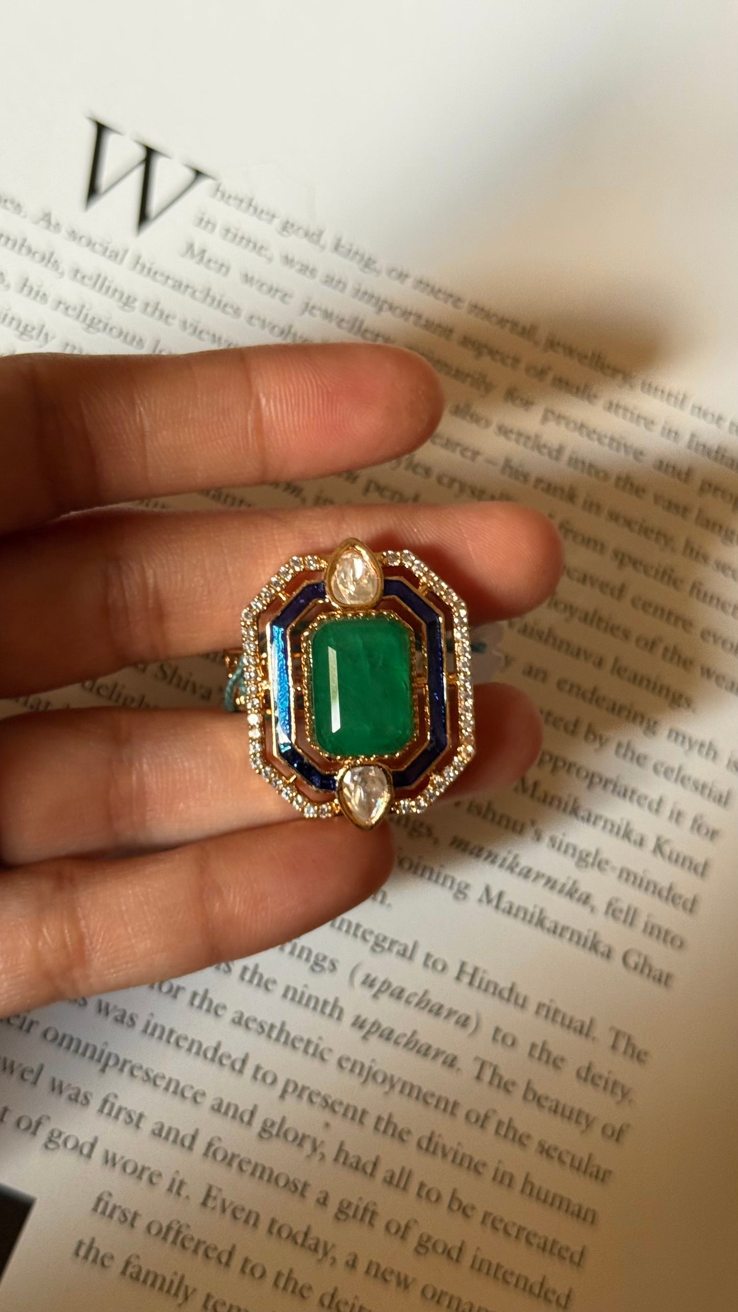 Emerald doublet & sapphire meenakari adjustable ring