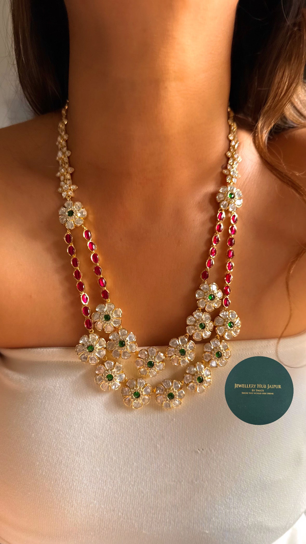 Emerald & rani pink dual layer real moissanite floral set