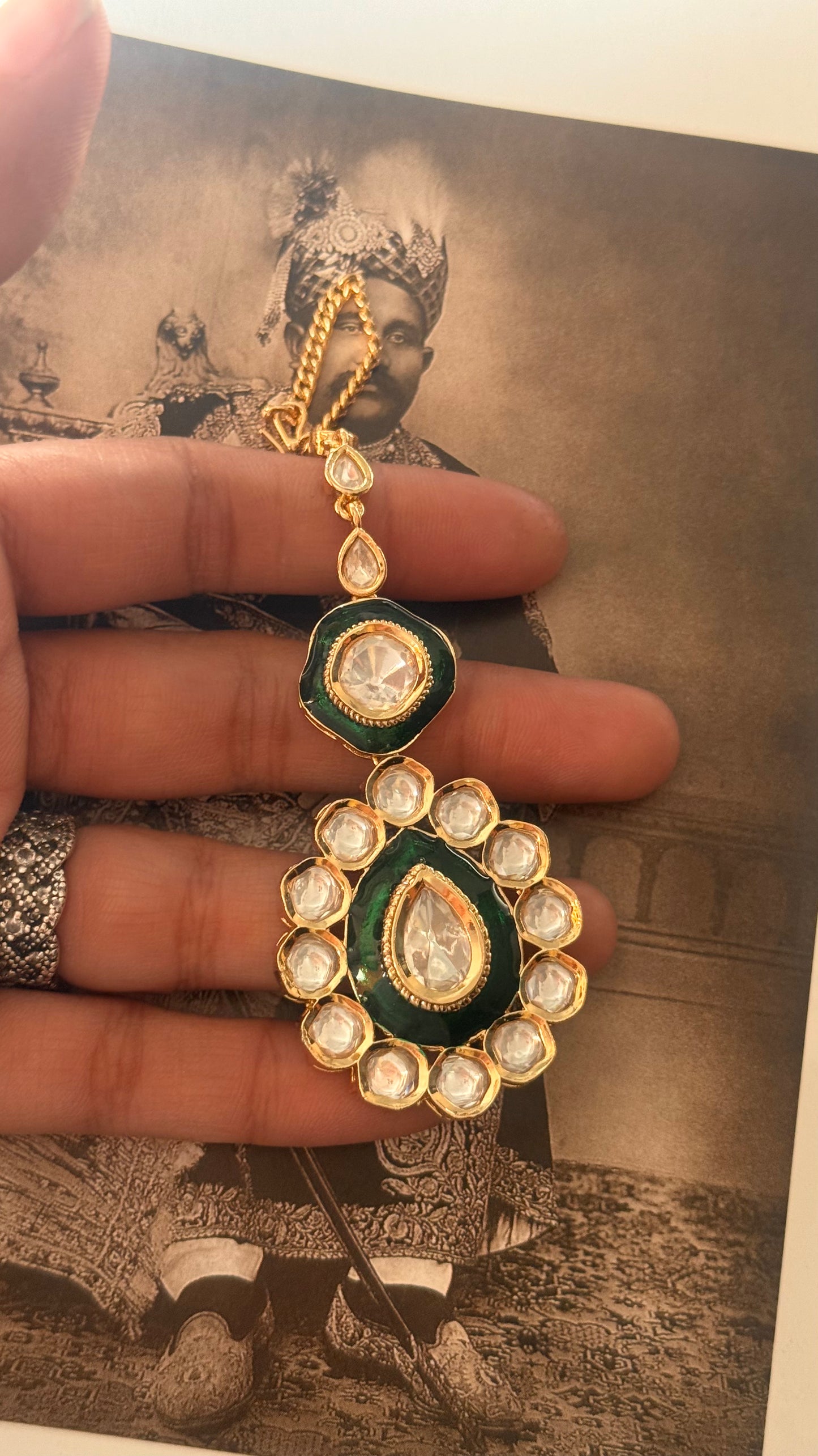 Emerald meenakari polki maangtika