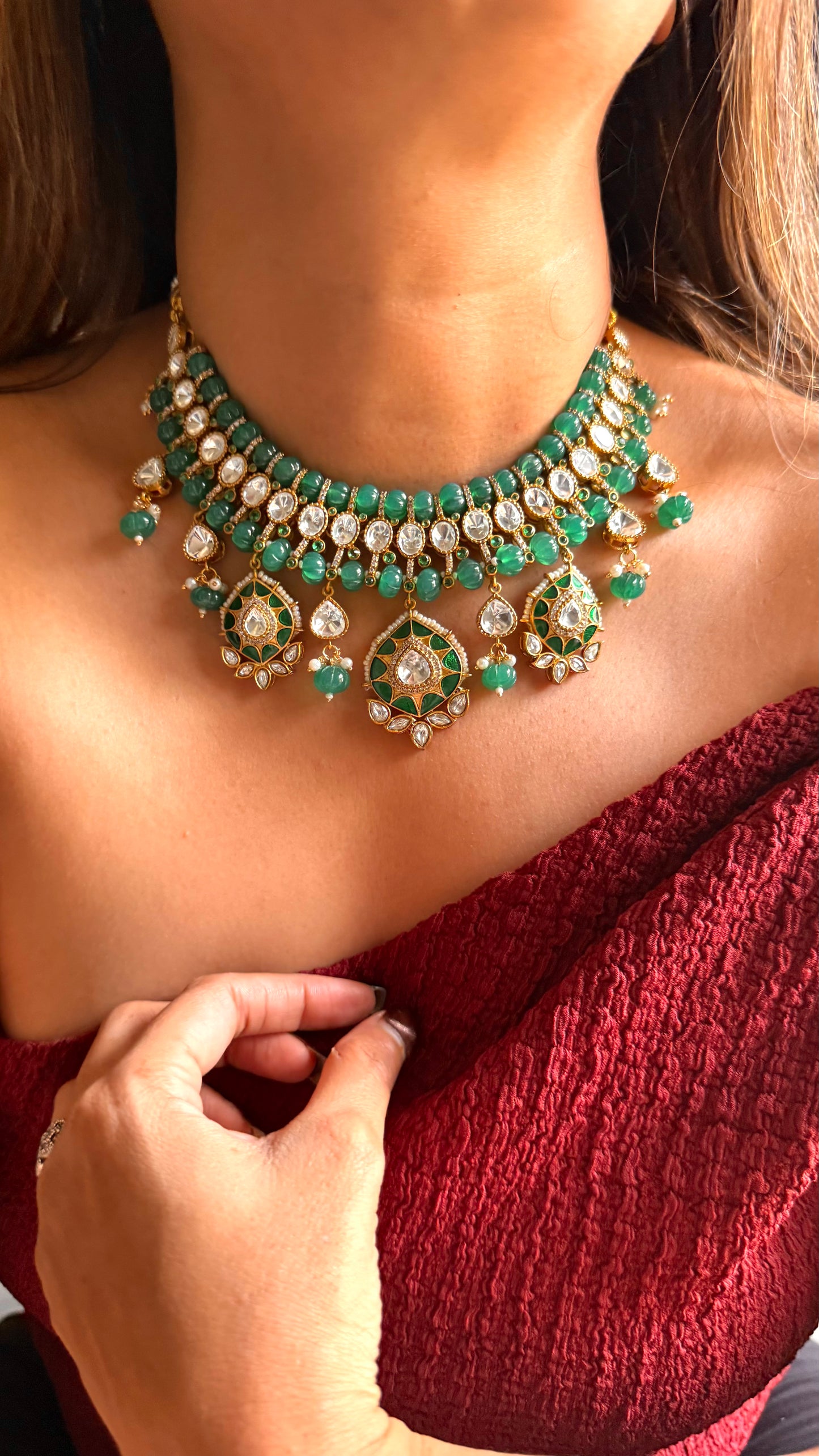 Emerald doublet moissanite & emerald katdana set