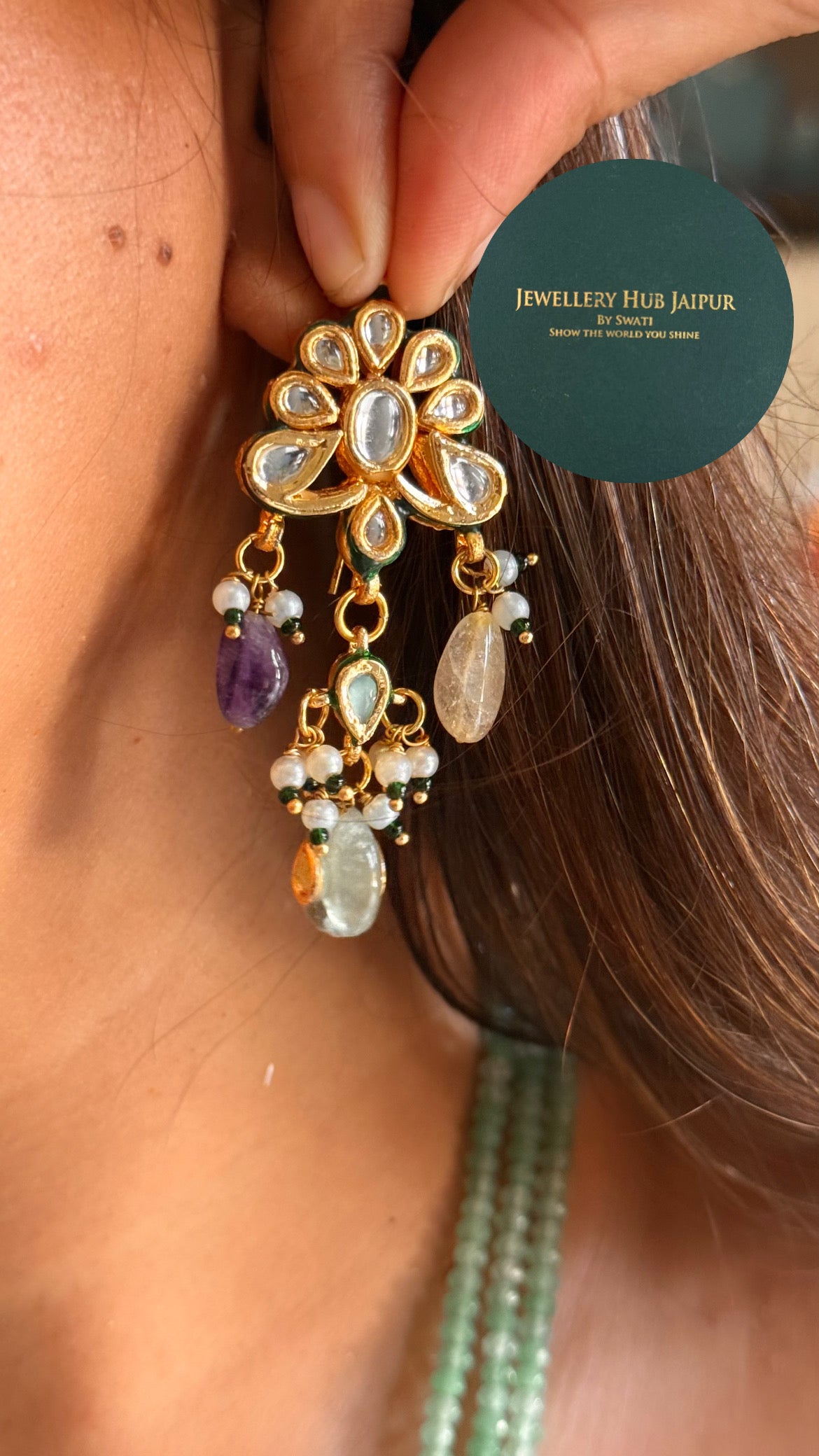 White inlay work & mint string meenakari paachi with navratna drops heritage long set