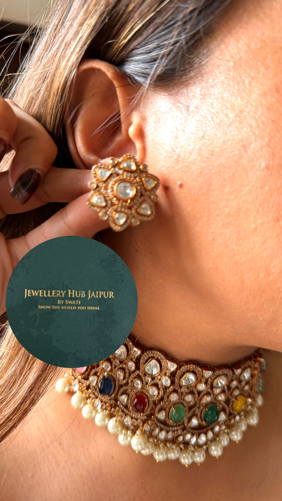 Navratna moissanite with pearl drop choker