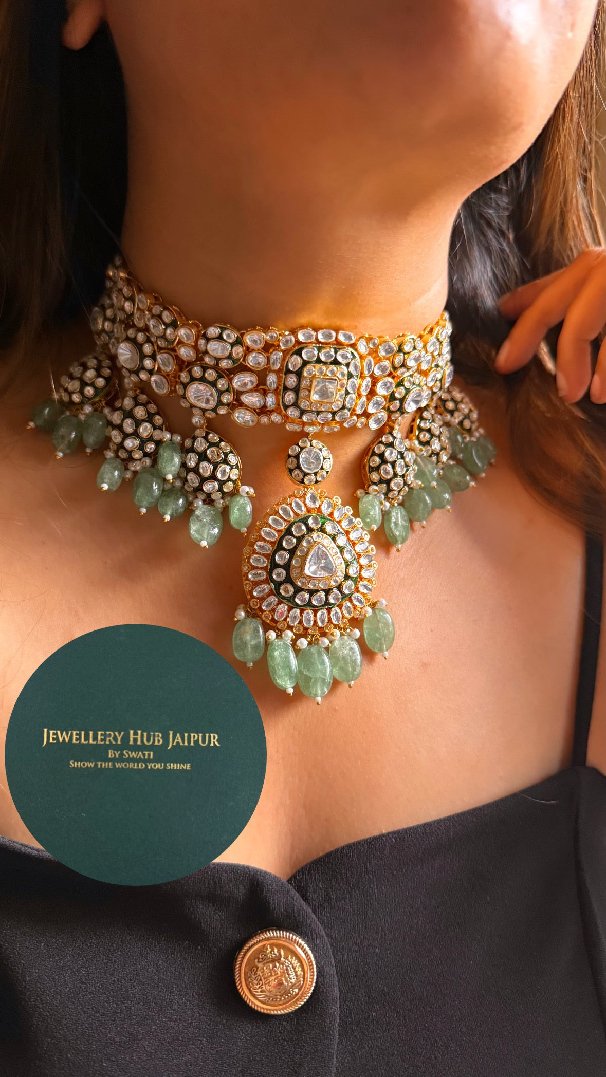 Meenakari emerald and mint polki choker necklace set