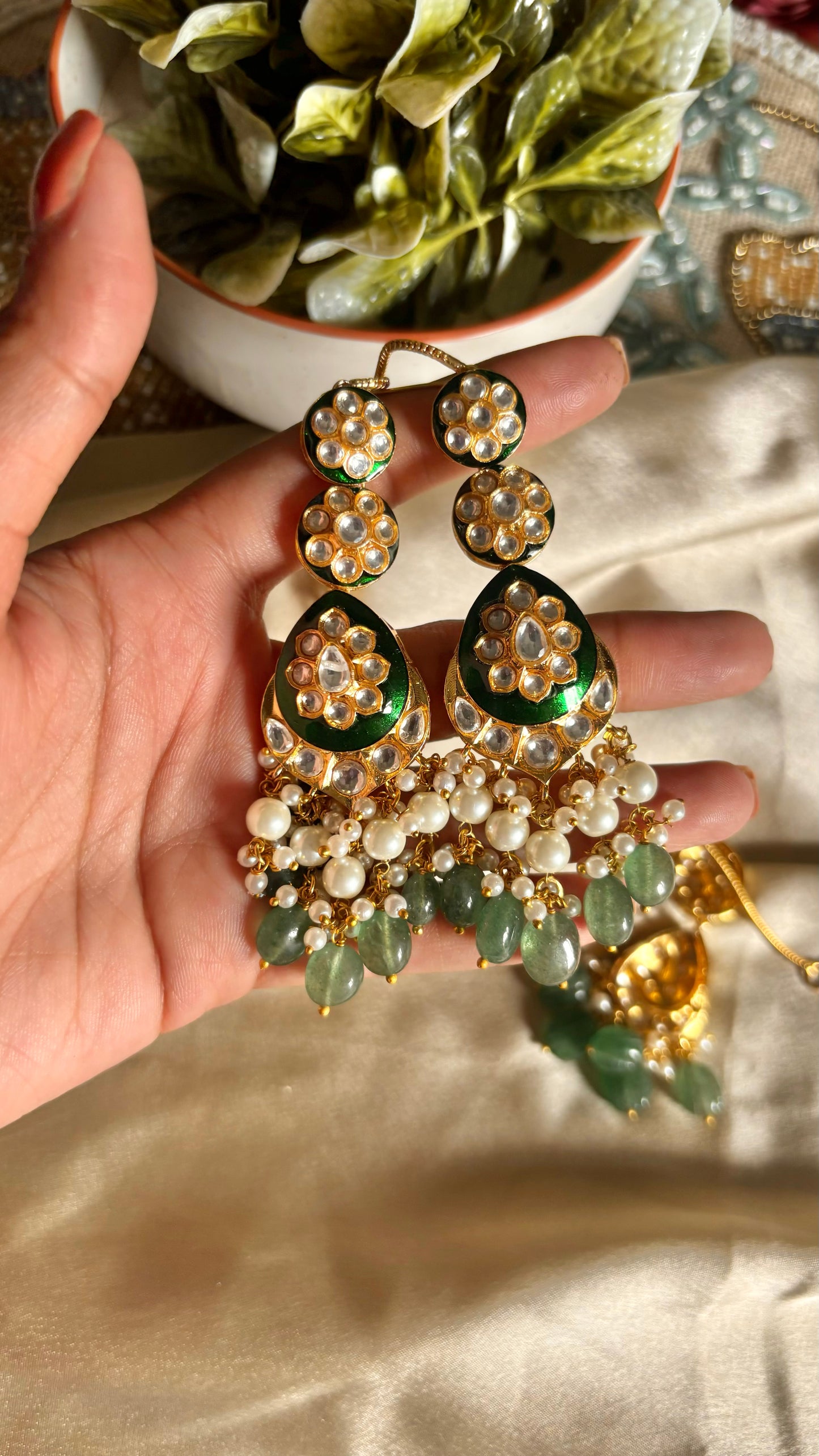 Emerald gold meenakari earrings