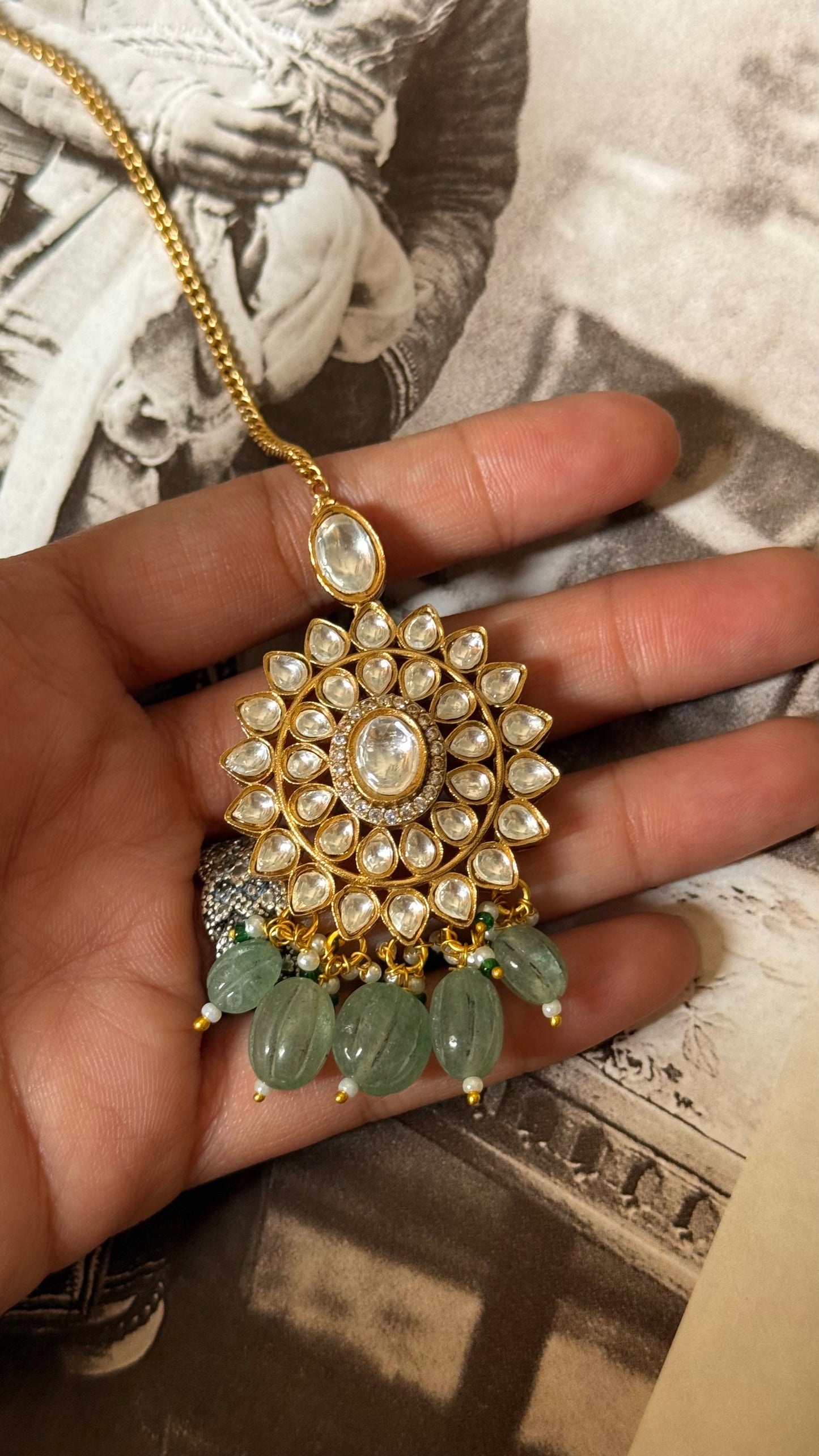Moissanite floral pattern with mint drops Maangtikka