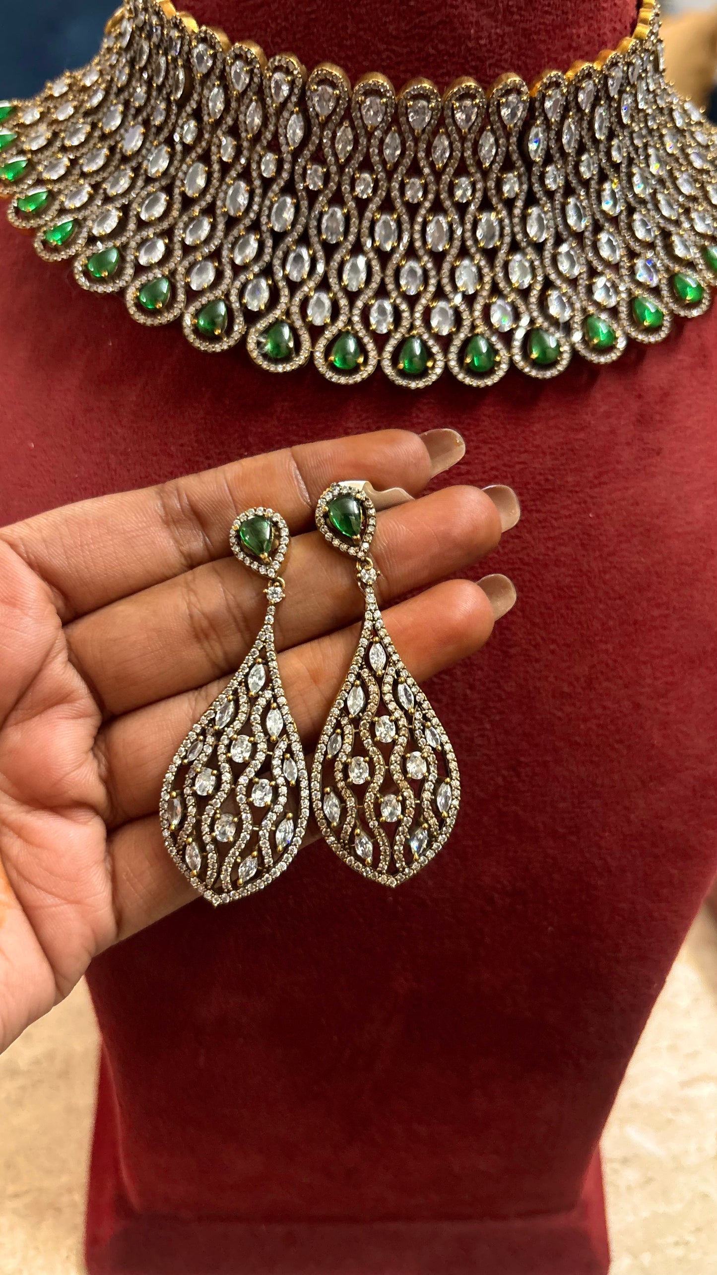 Risha emerald doublet and moissanite designer choker set