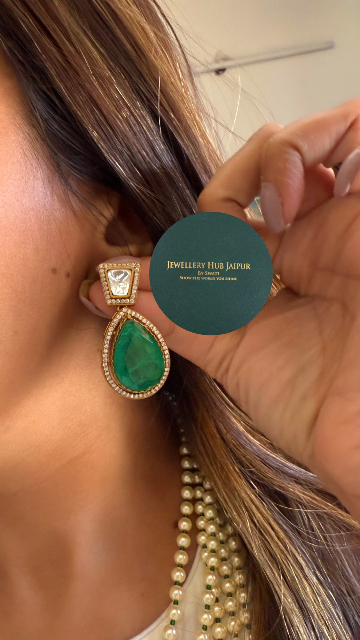 Iqra Emerald moissanite designer mid length pearl necklace