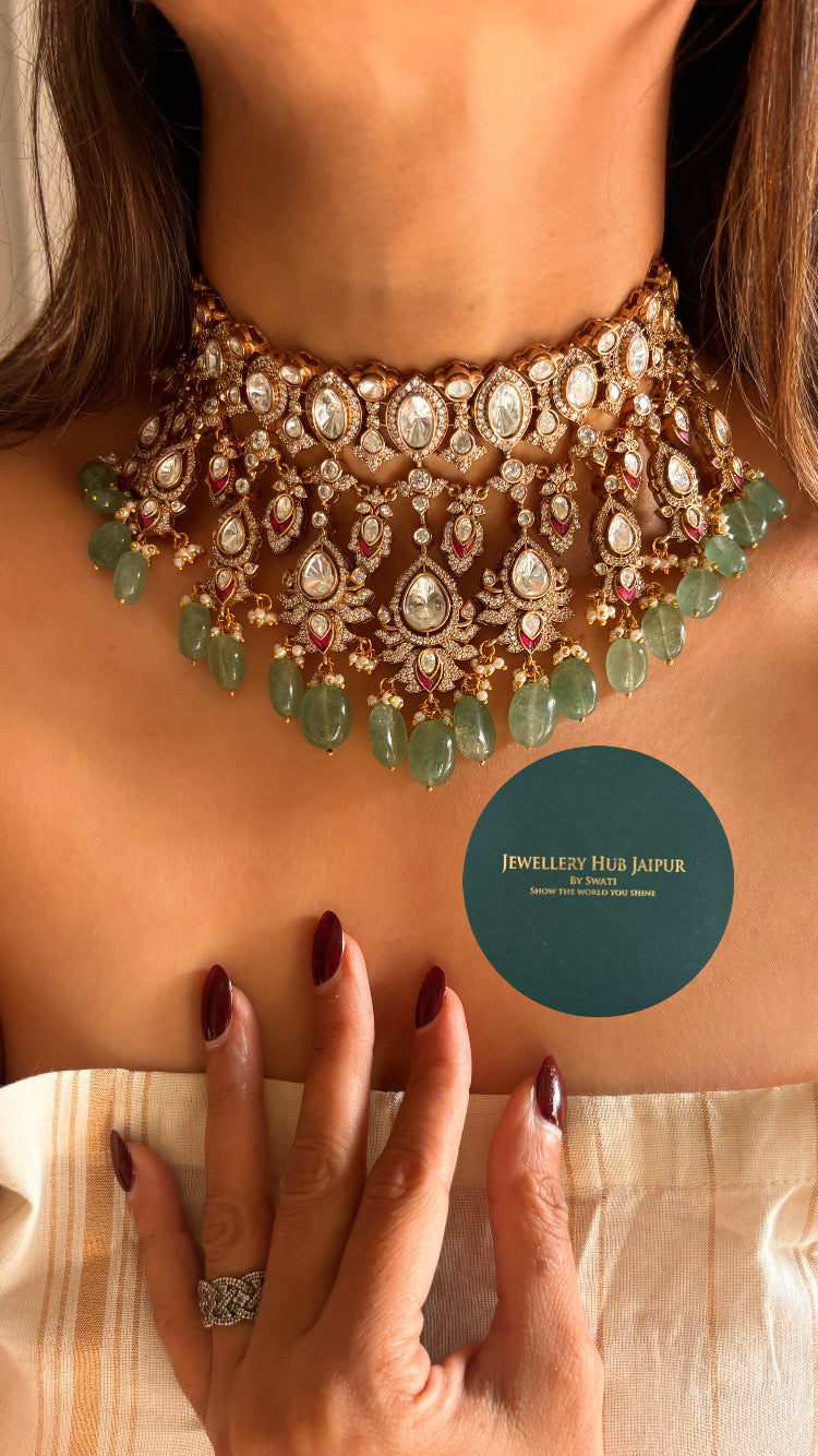 Bridal asia mint and rani pink necklace in moissanite polki