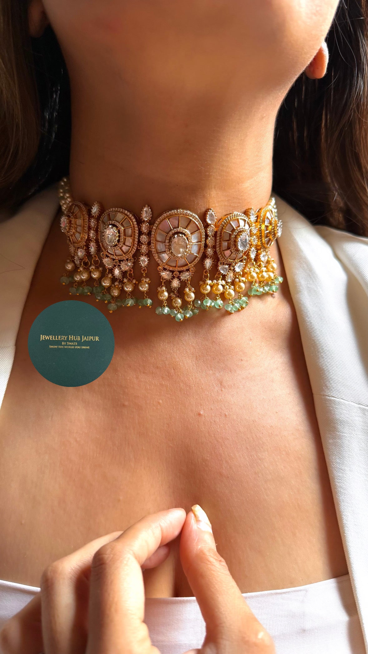 Mother of pearl Katdana choker with mint drops choker set