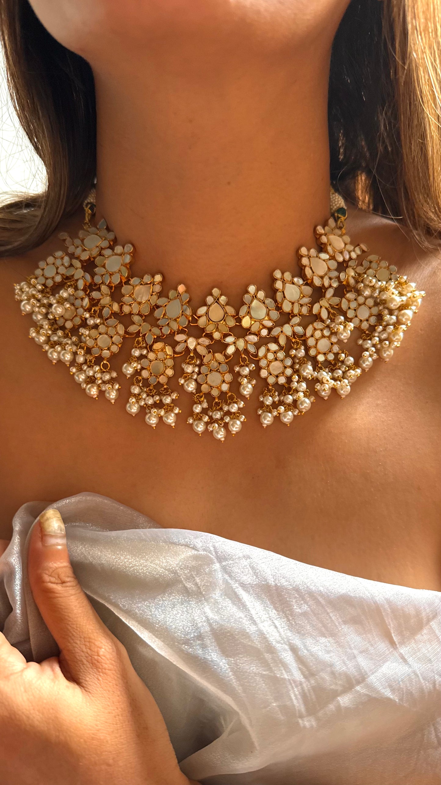 Mother of pearl paachi kundan with pearl drop set