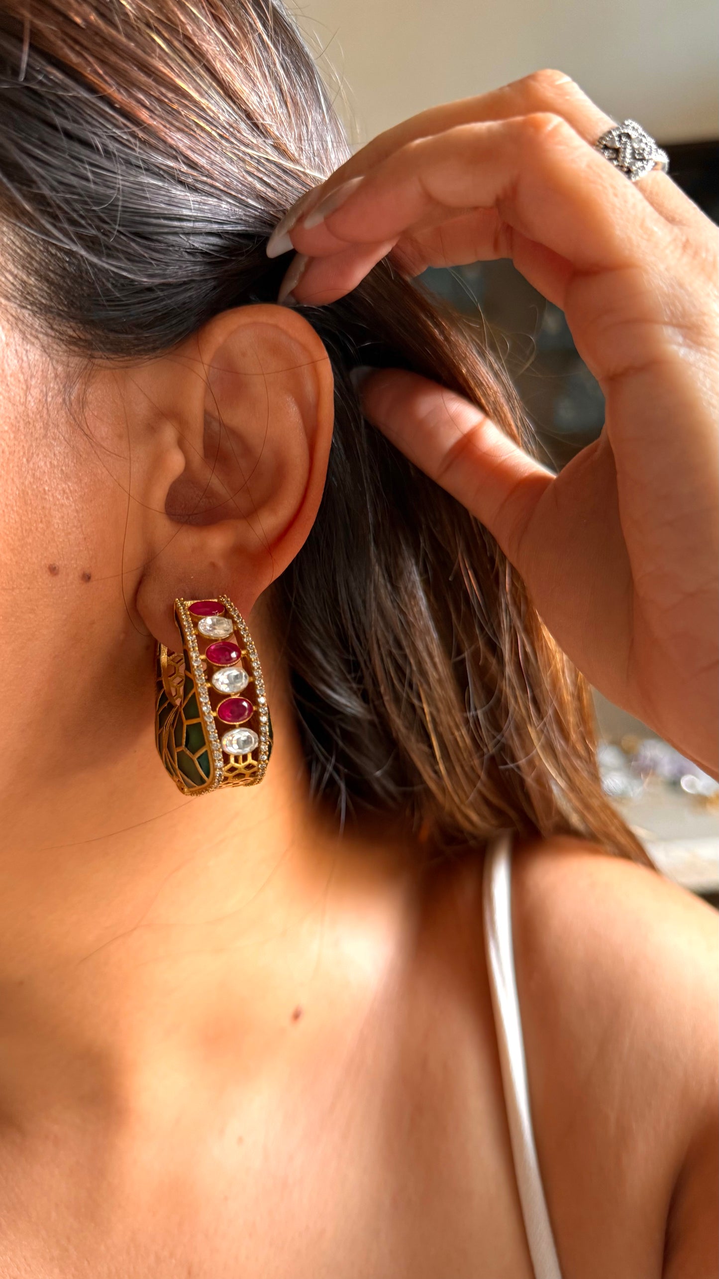 Emerald katdana with rani pink polki earrings
