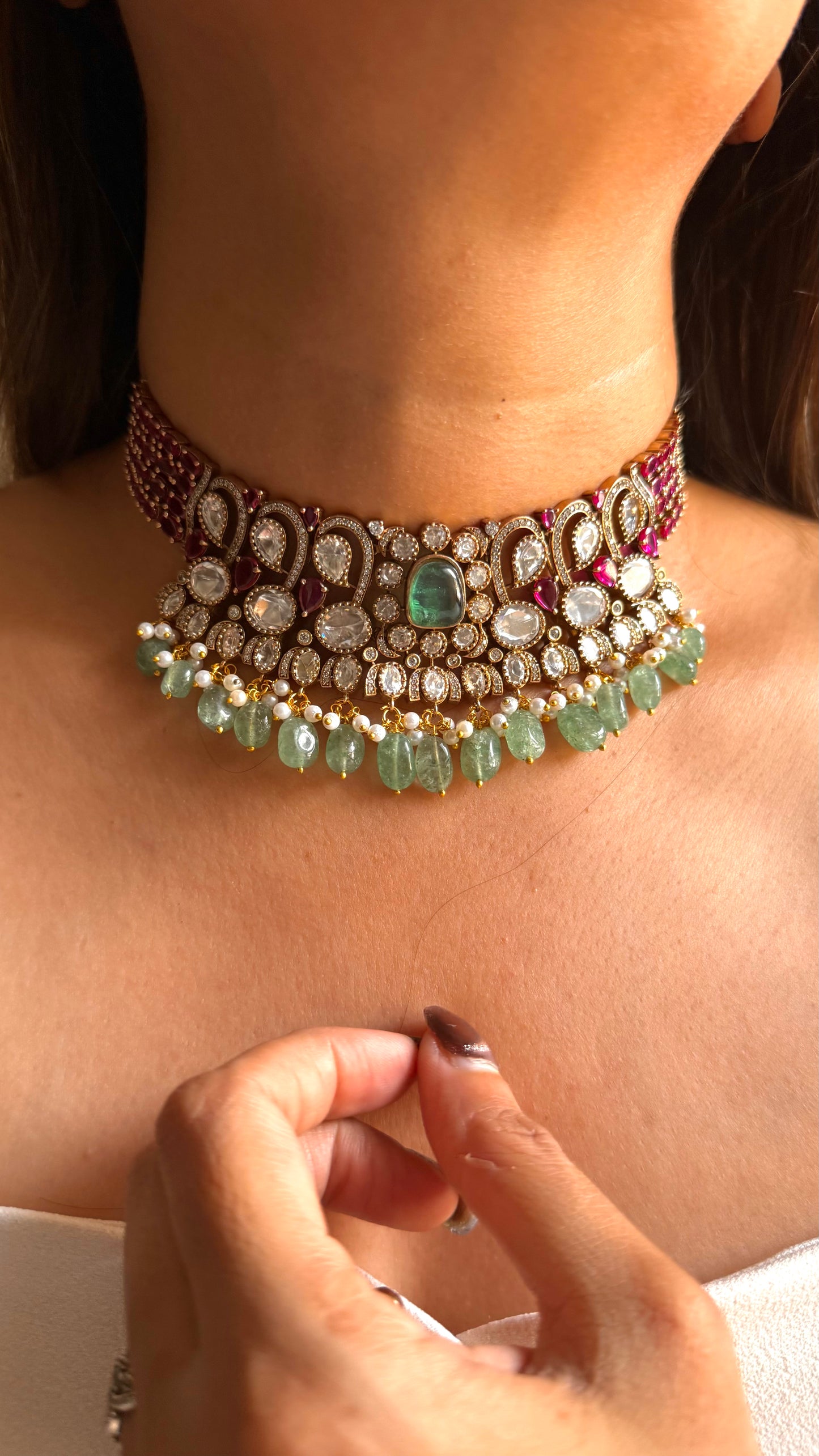 Mint doublet moissanite uncut polki & ruby with mint drops set