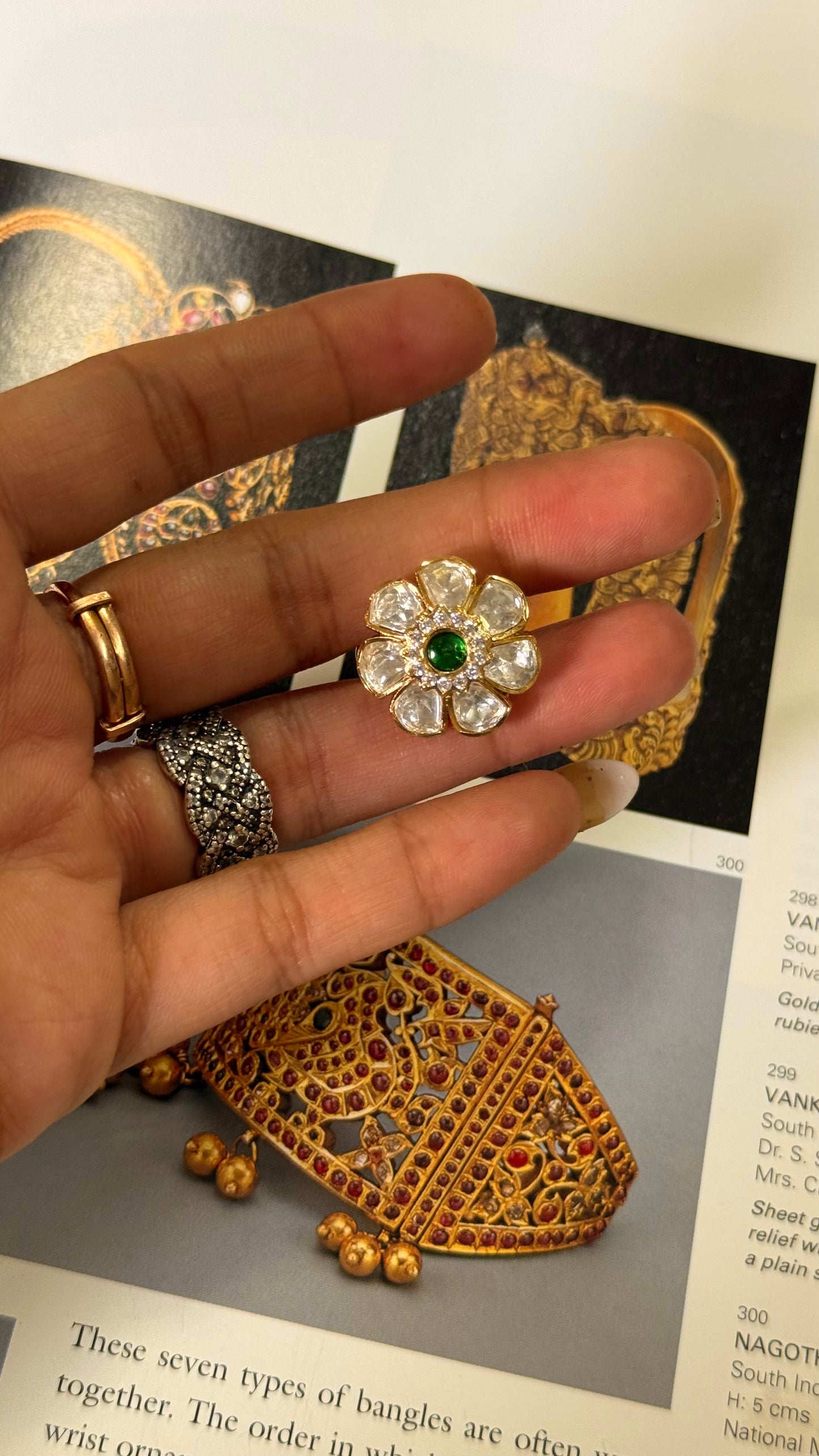 Emerald floral Polki adjustable ring