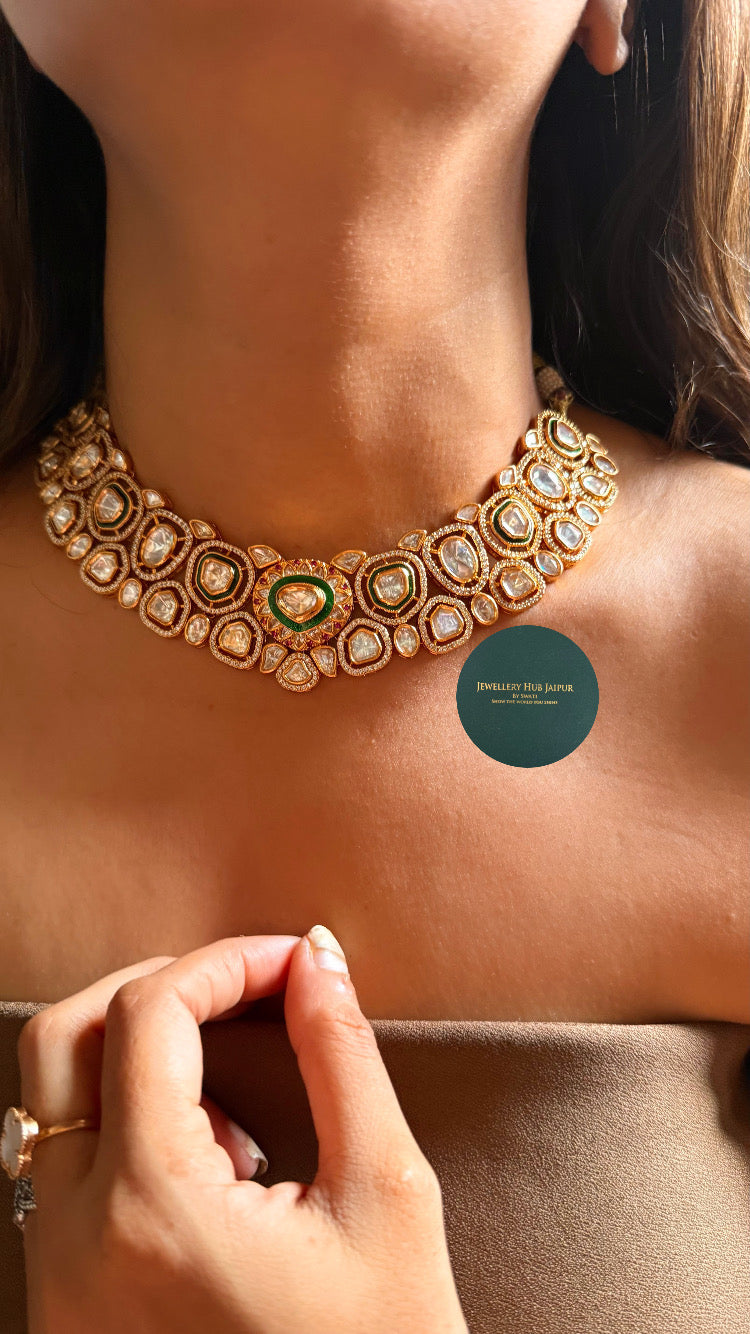 Emerald meenakari & rani pink polki collar set