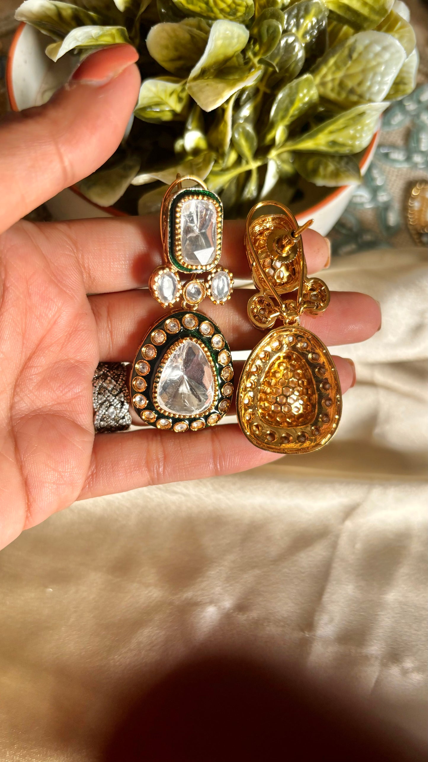 Emerald polki danglers with back clip