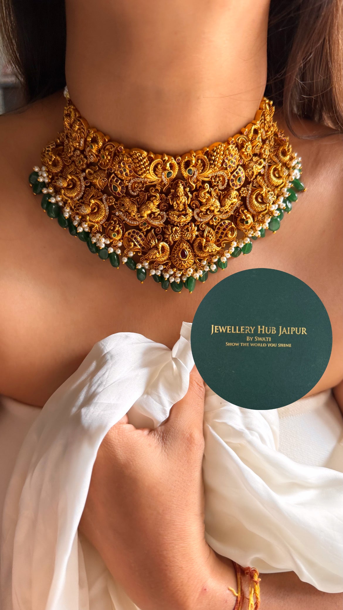 Goddess laxmi & rani pink peacock design with emerald & pearl drop temple choker set