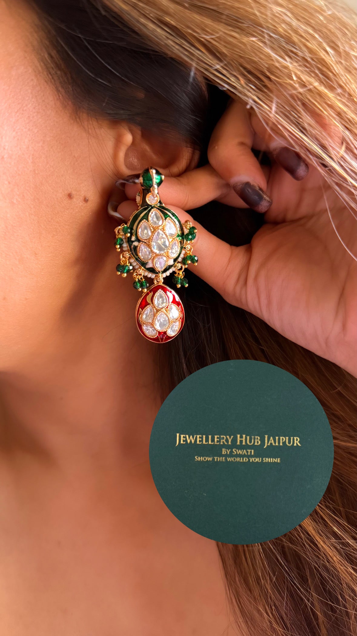 Ruby & emerald meenakari moissanite peacock with ruby drop Hasli