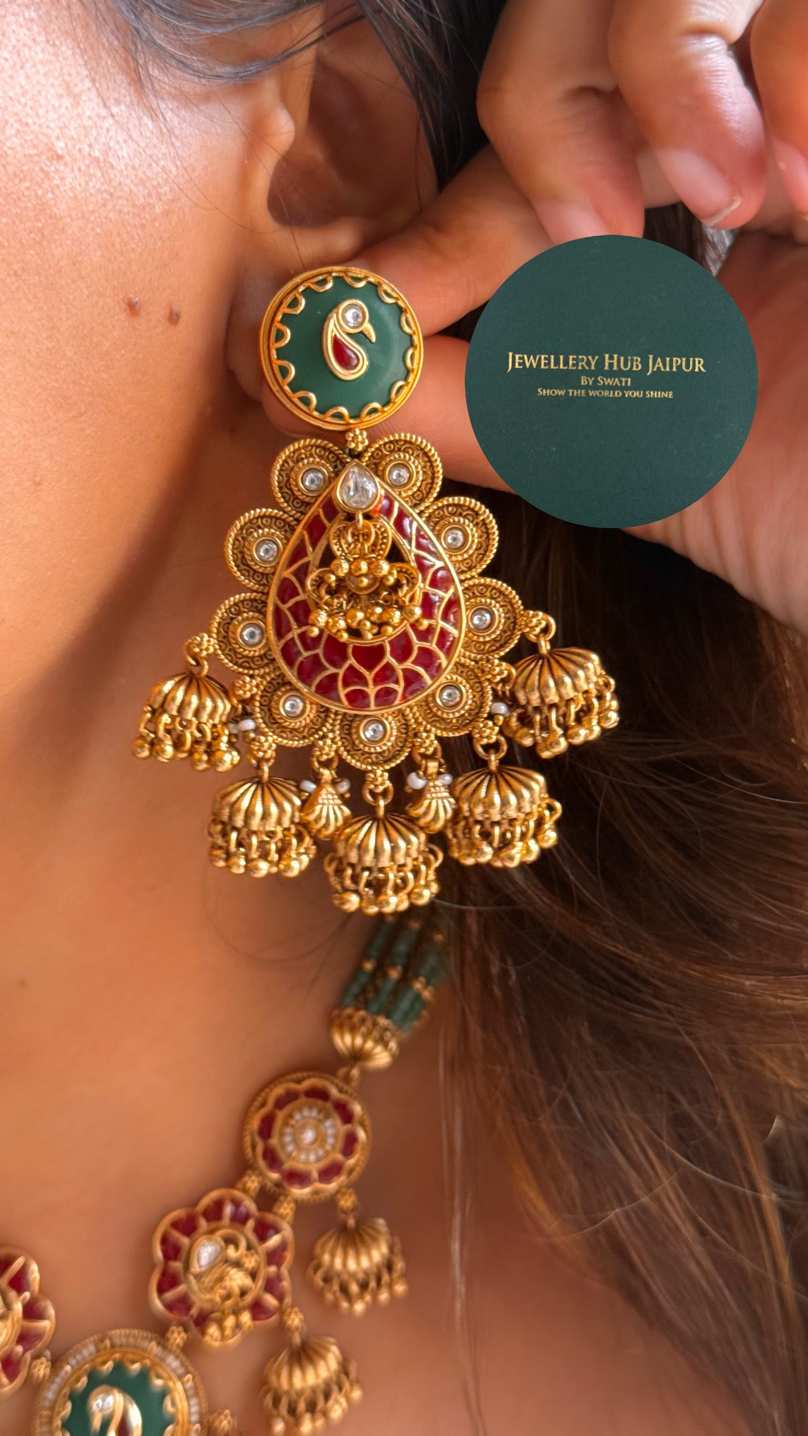 Ruby & emerald inlay work jhumka style rajwada collar set
