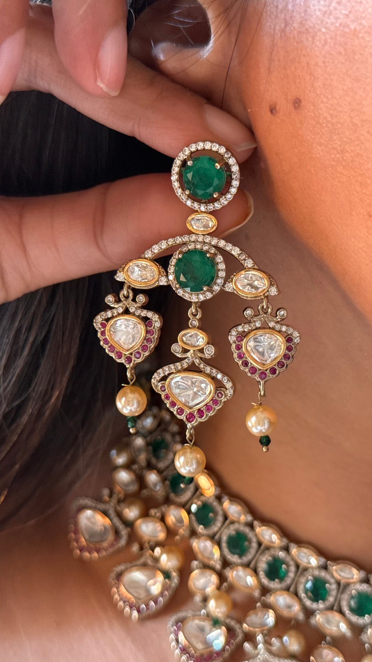 Emerald & Rani pink ruby with moissanite Necklace