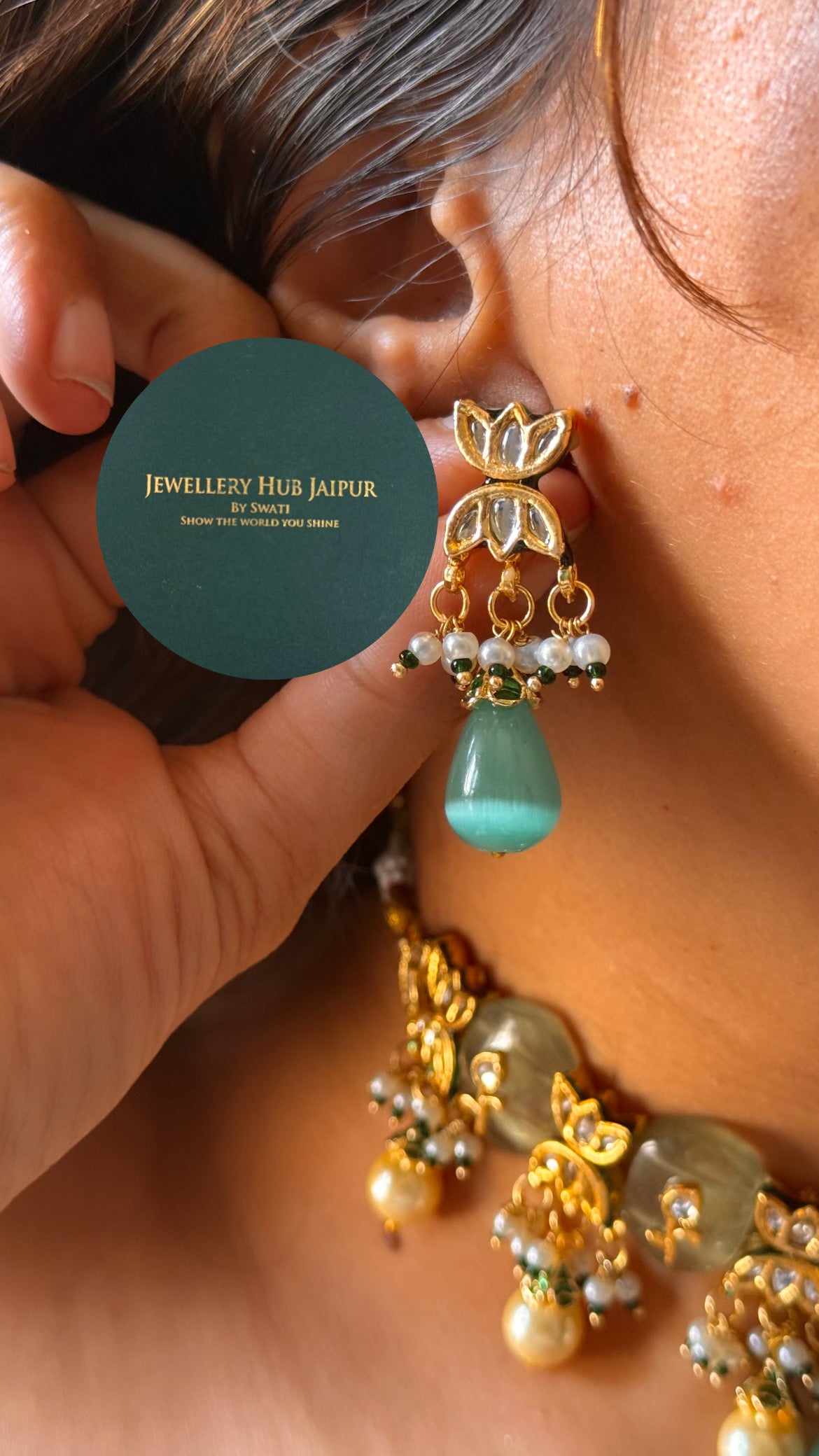 Ruby & mint inlay work & emerald meenakari paachi with pearl drop choker set