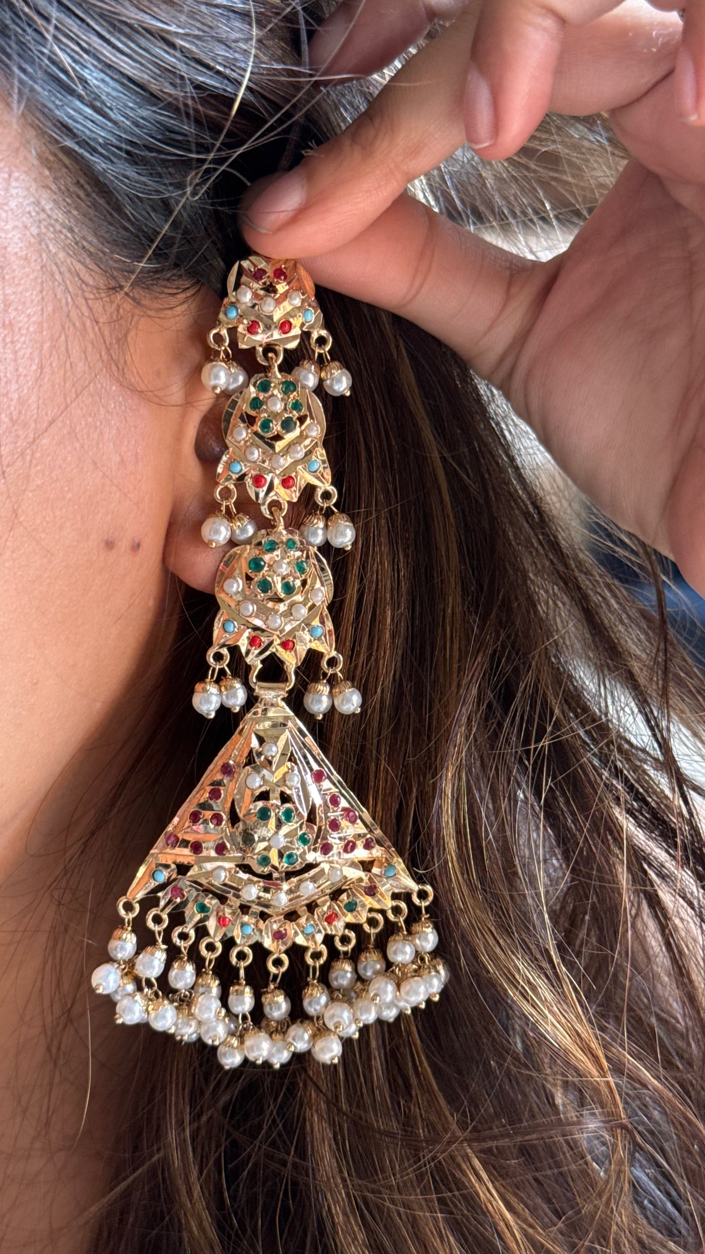 Jadau Navratna Chand bali with earchain