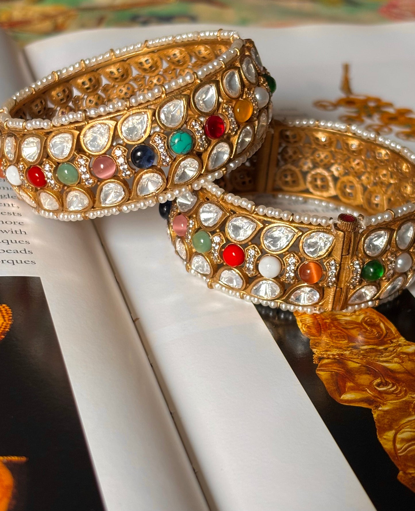 Navratna with pearl detailing openable Bangles