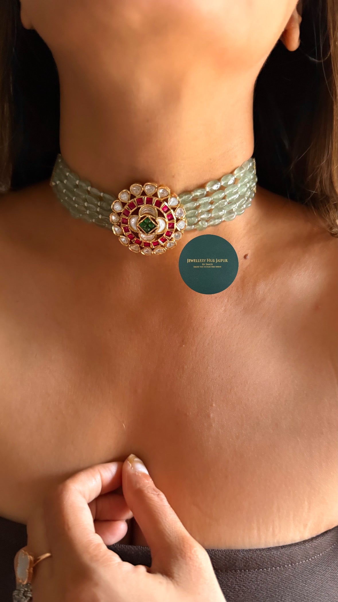 Real Moissanite Emerald & rani pink mint thread choker set