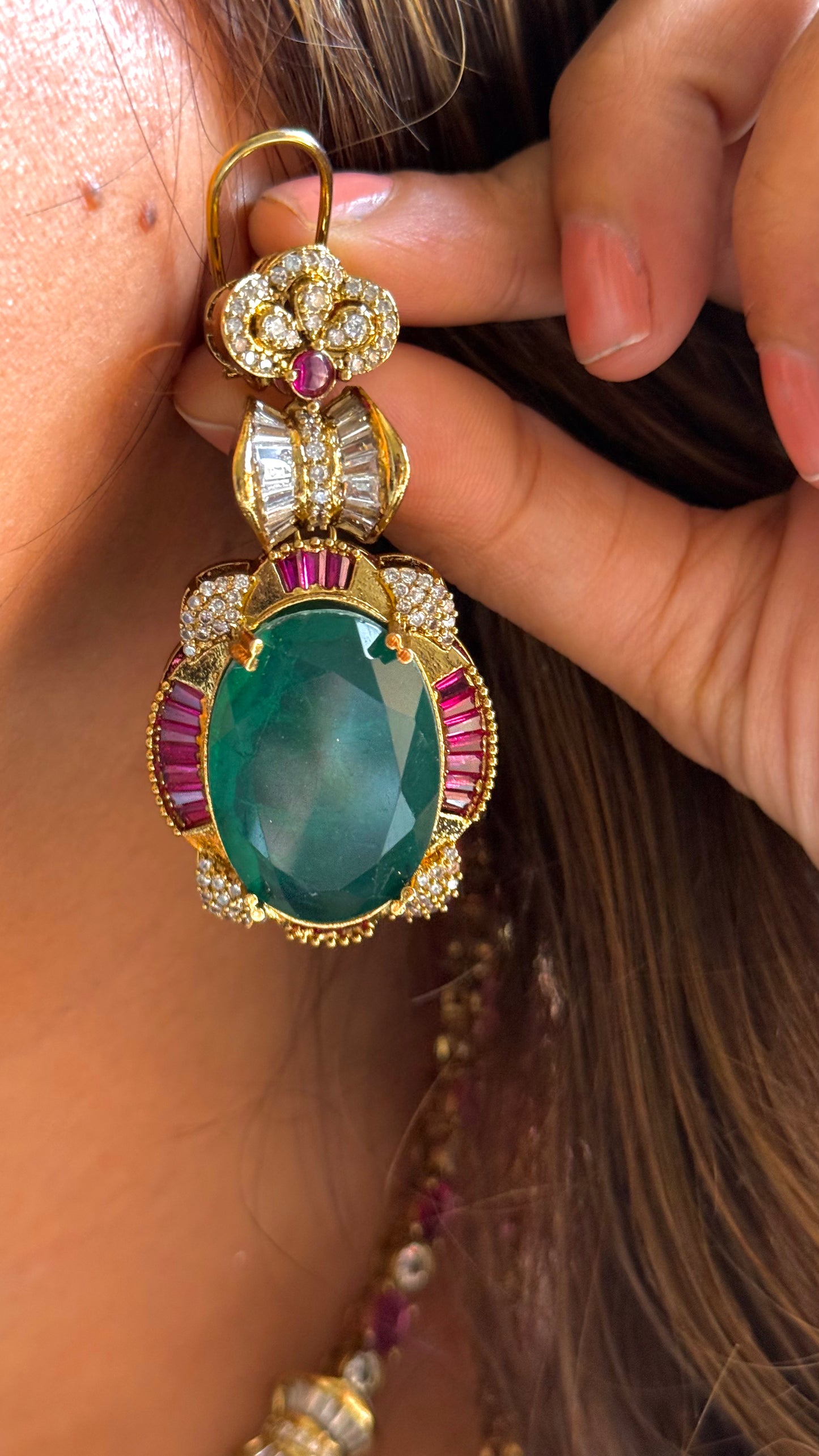 Emerald doublet & Rani Pink designer dual line Necklace