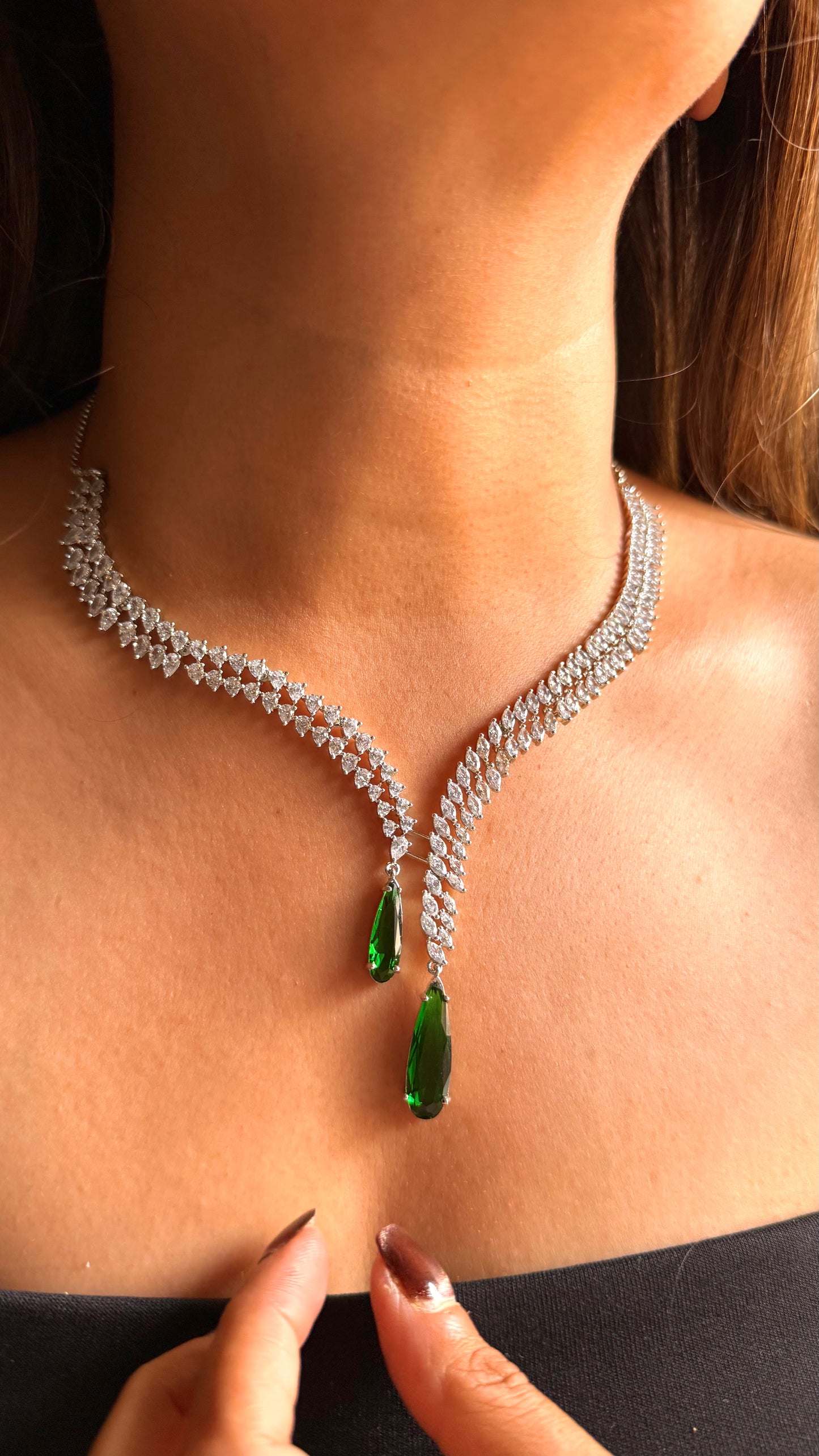 Emerald slight drop cz diamond necklace