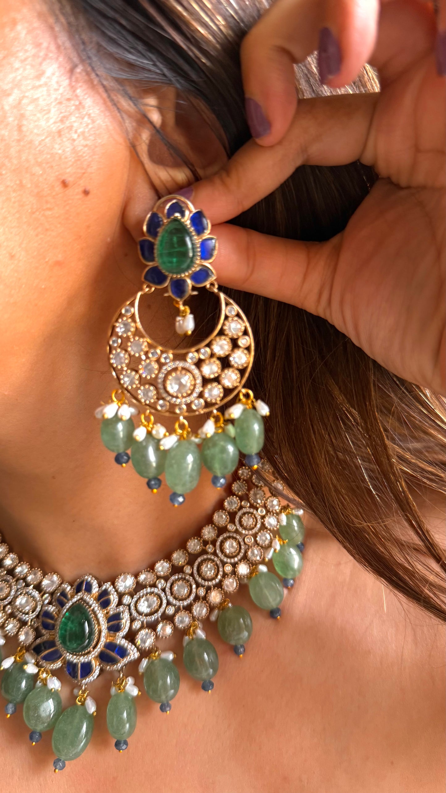 Emerald doublet & sapphire katdana moissanite collar set