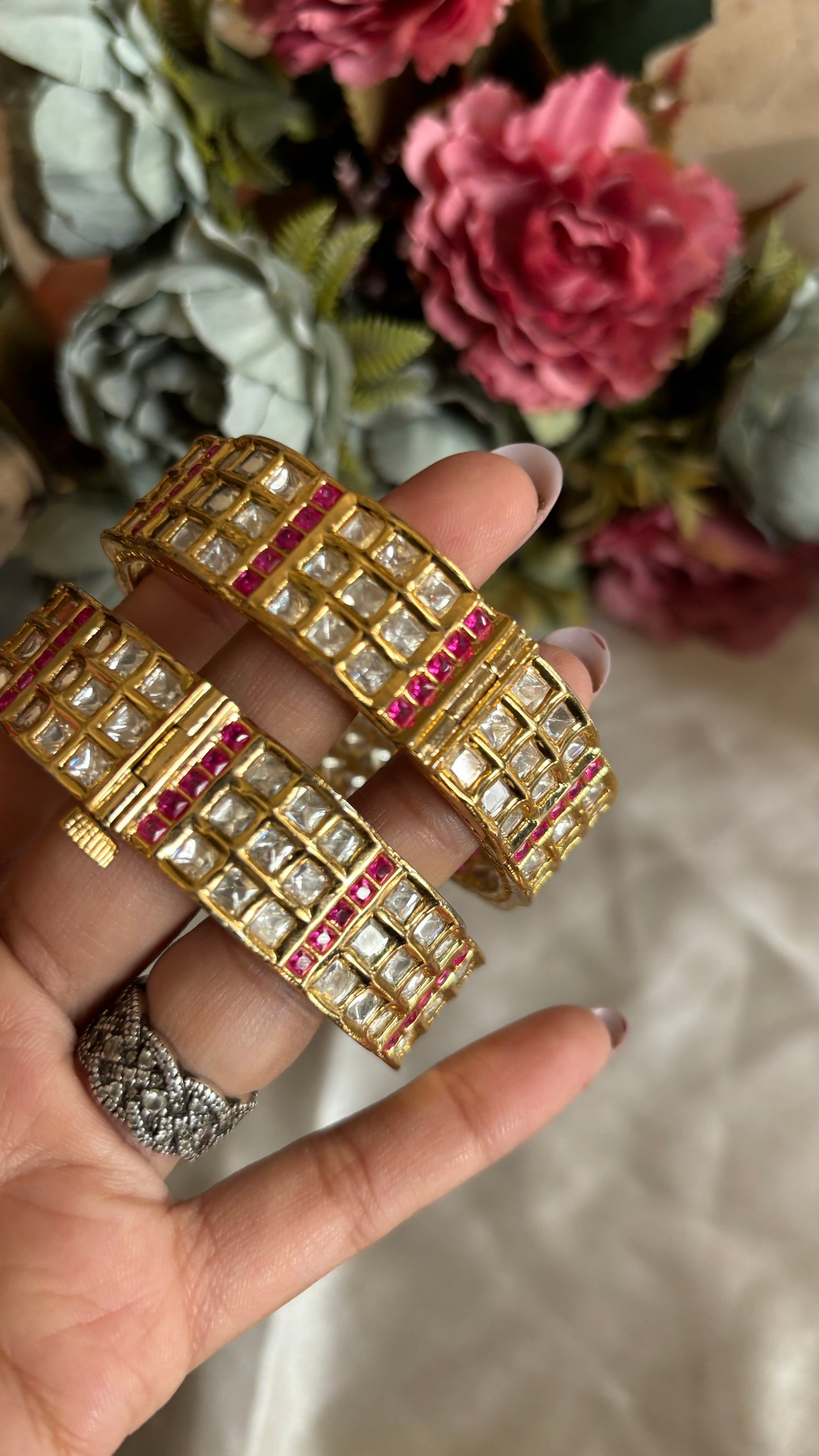 Ruby Moissaanite tripple line bangle set openable