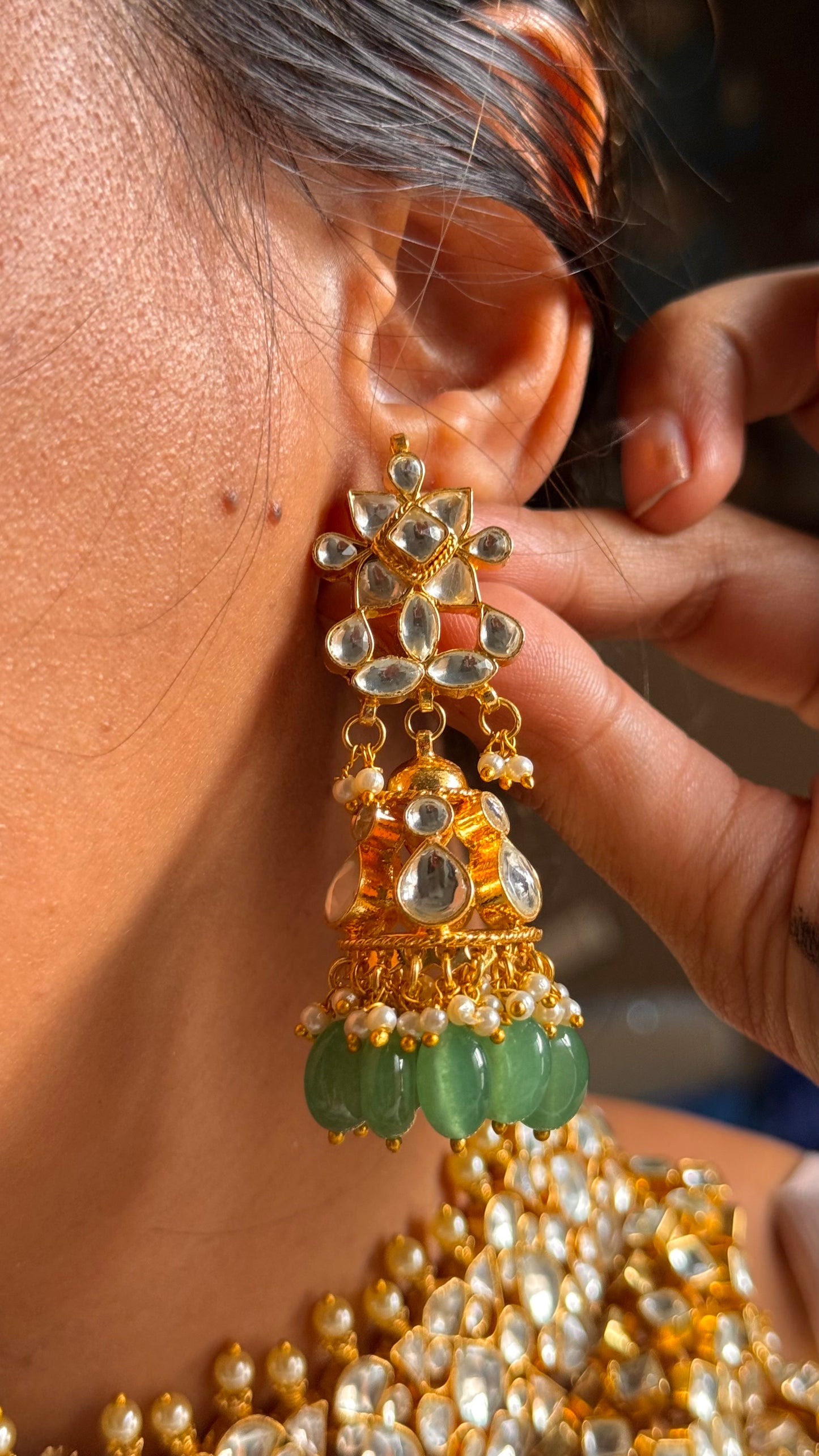 Handmade Paachi Kundan jadau bridal mint drops necklace