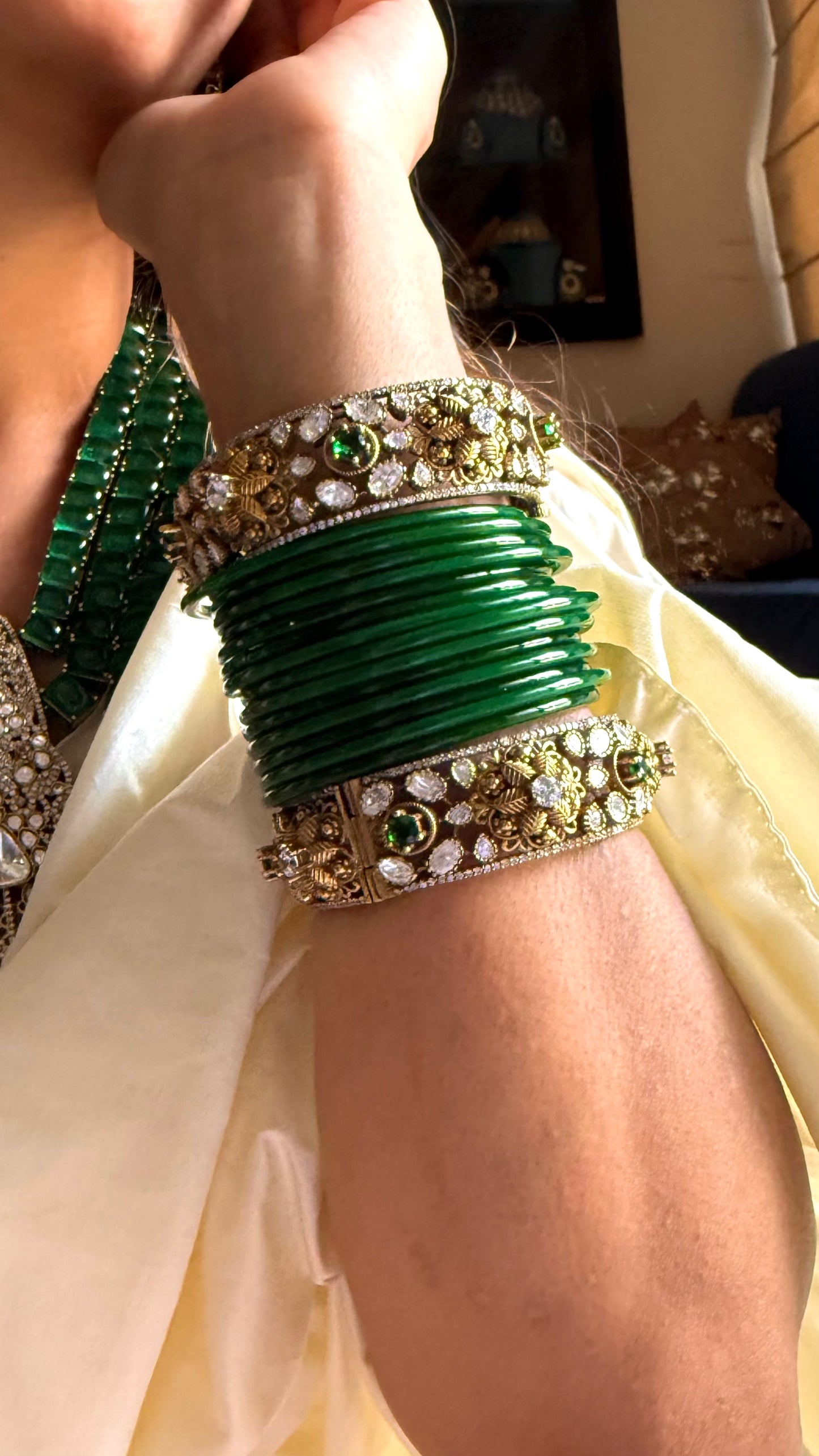Emerald popped floral designer moissanite bangles