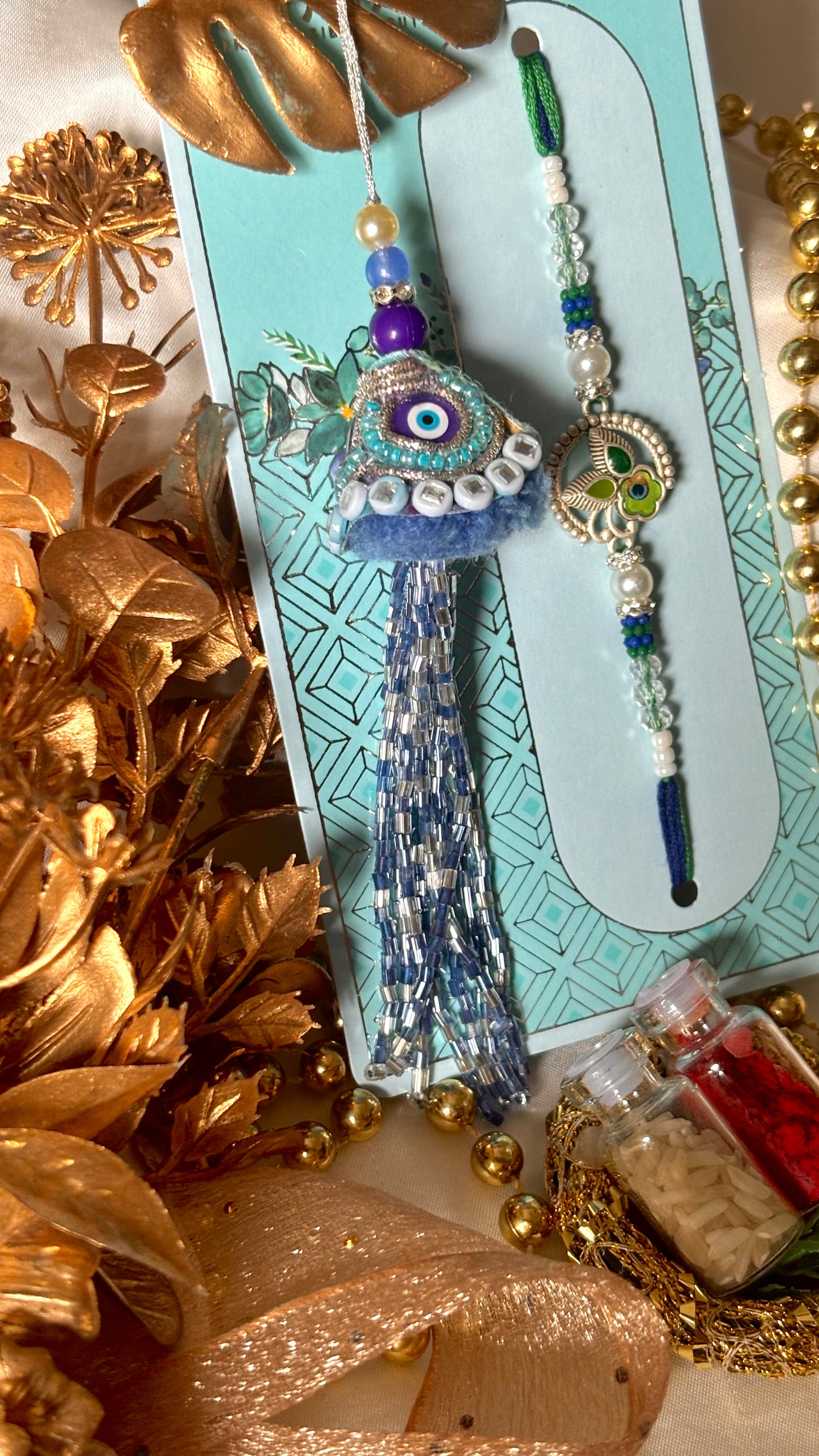 Evil eye lumba with morpankh couple rakhi Rakhi ( shipping will be extra )
