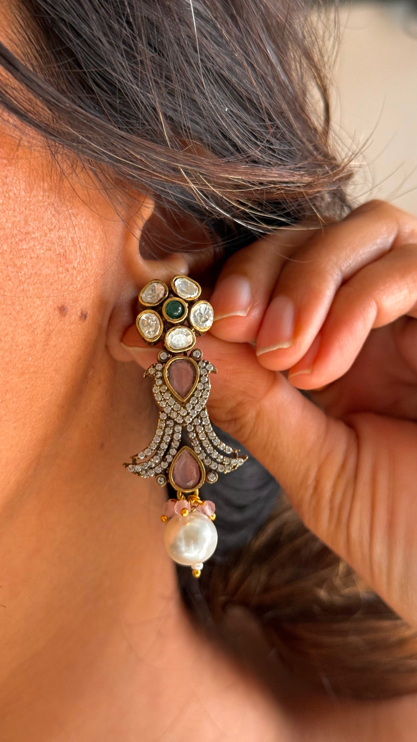 Blush pink floral, Victorian necklace with pearl drops