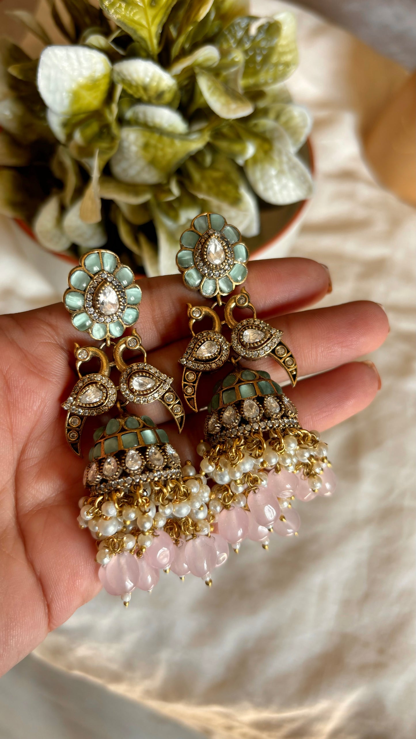 Daaniya Mint & Rose quartz jhumkis