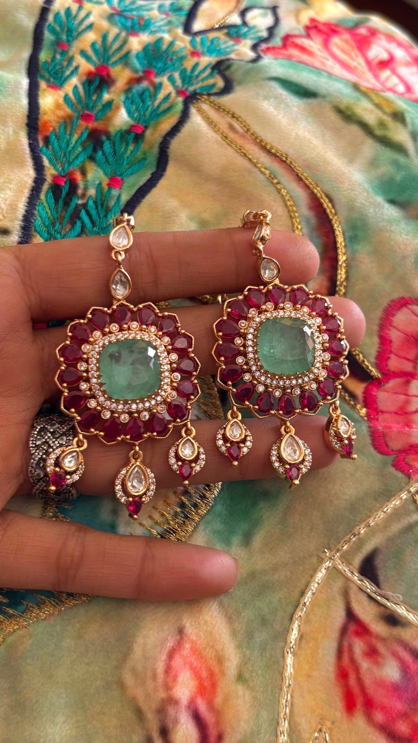 Mint & ruby polki earrings with ear chain
