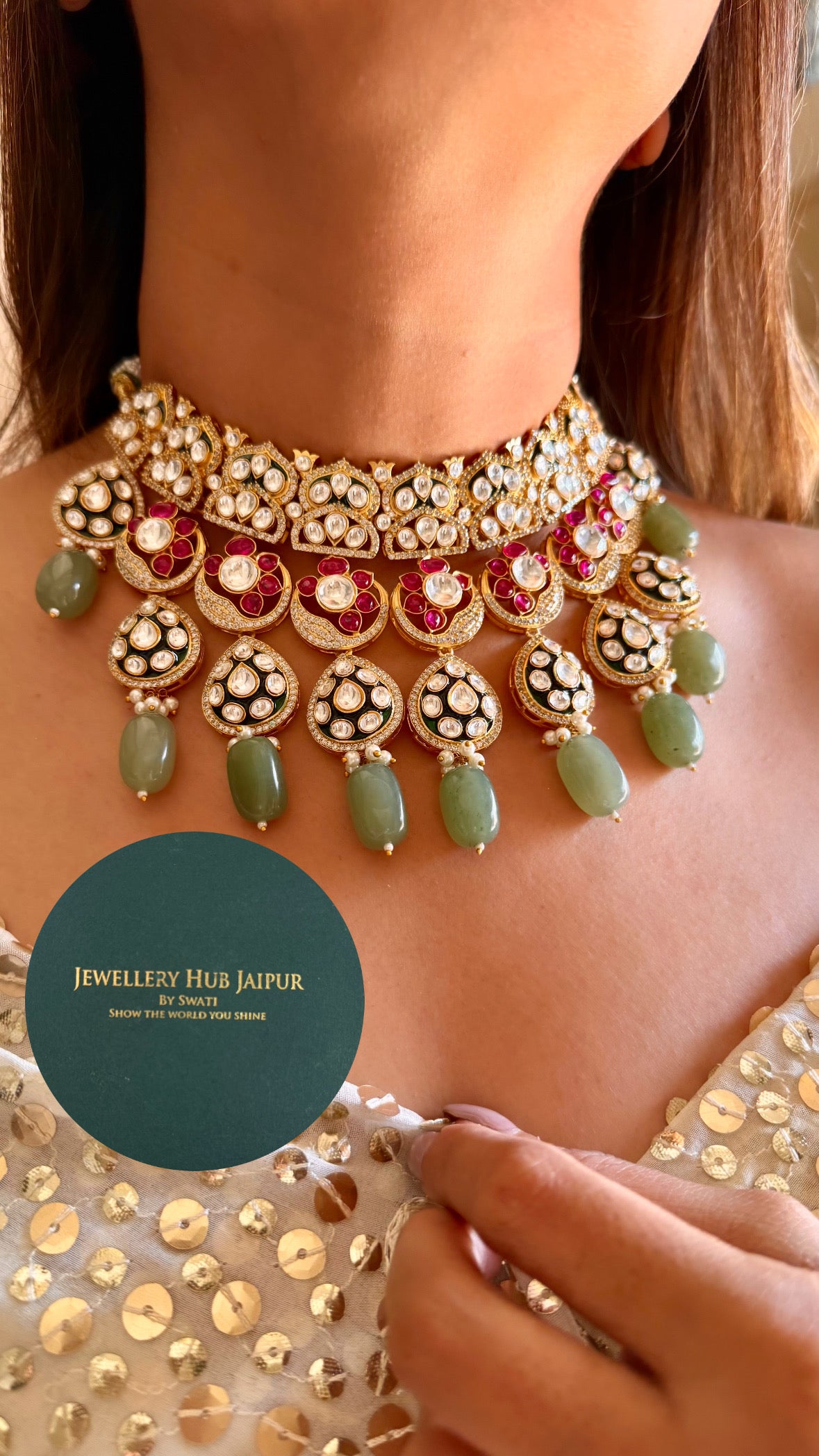 Arzoo Emerald meenakari ruby flower mint drop moissanite necklace