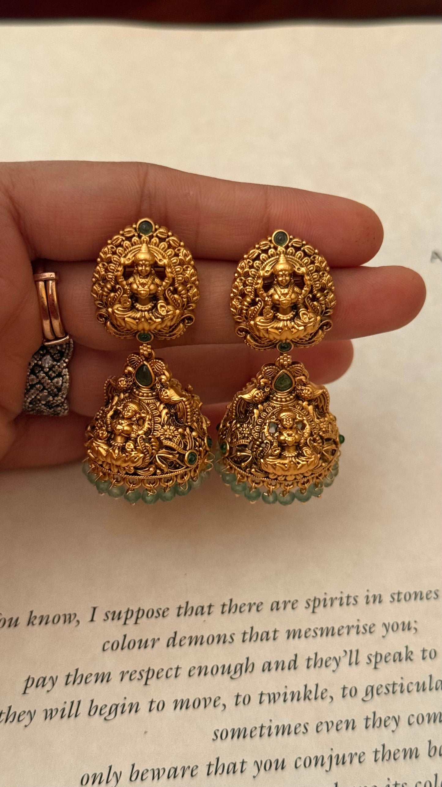 Goddess laxmi emerald & mint drop earrings