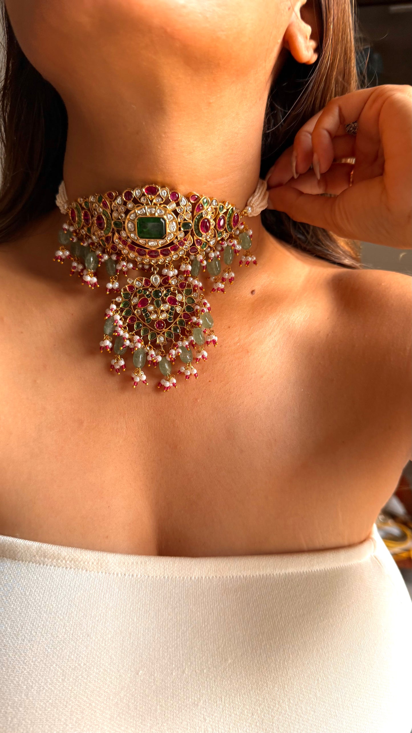 Rukmani Emerald doublet & rani pink Moissanite with mint drop rajwada choker