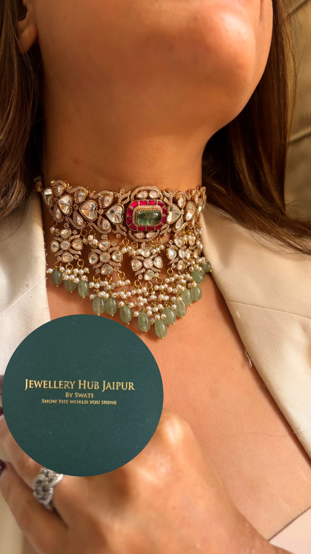 Tahira Moissanite paana ruby jhalar choker
