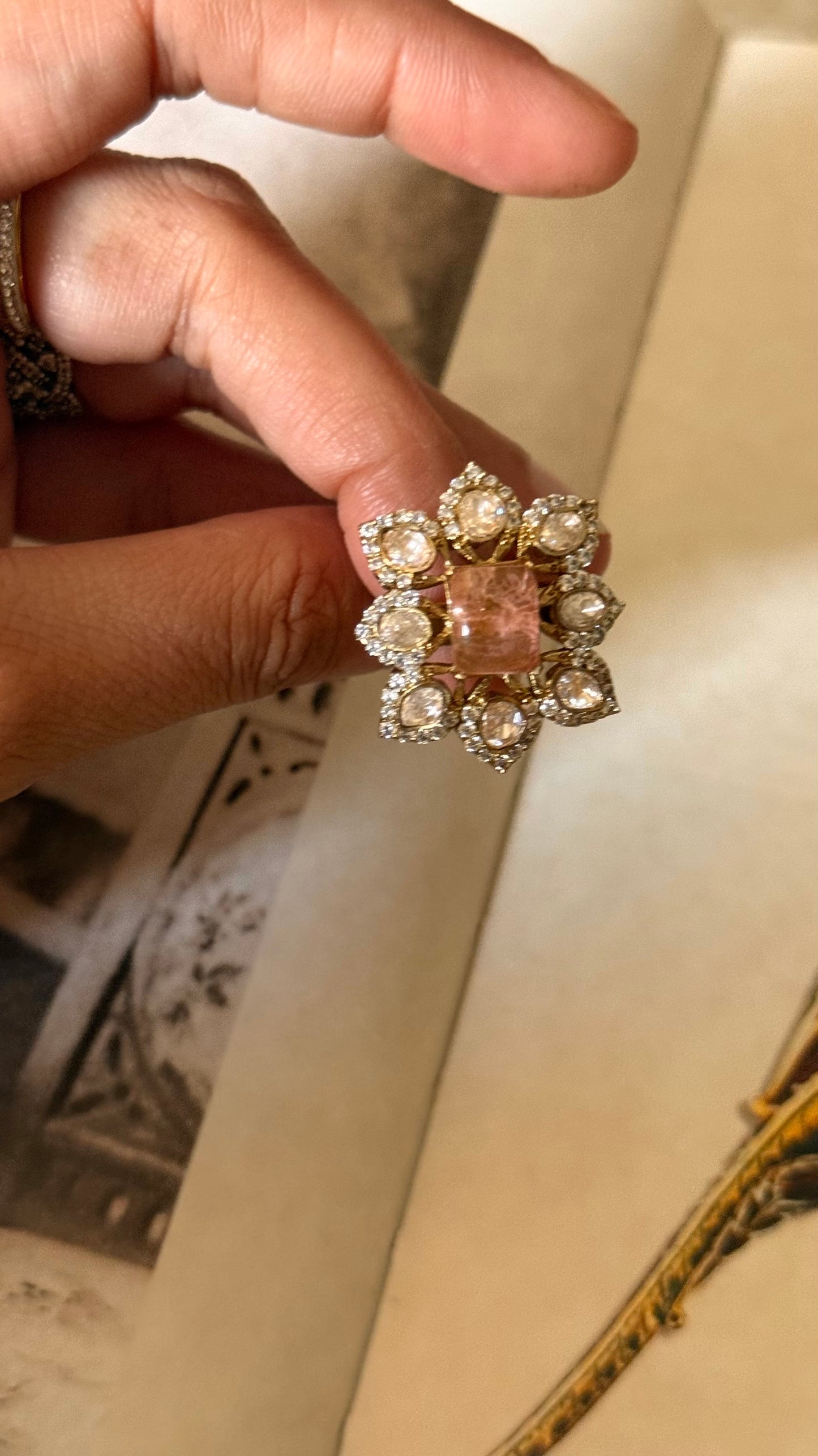 Peach doublet moissanite victorian adjustable ring