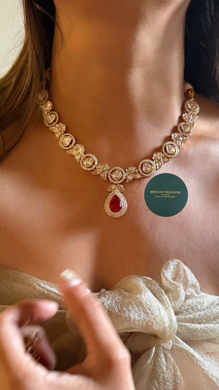 Ruby drop with moissanite uncut polki collar set