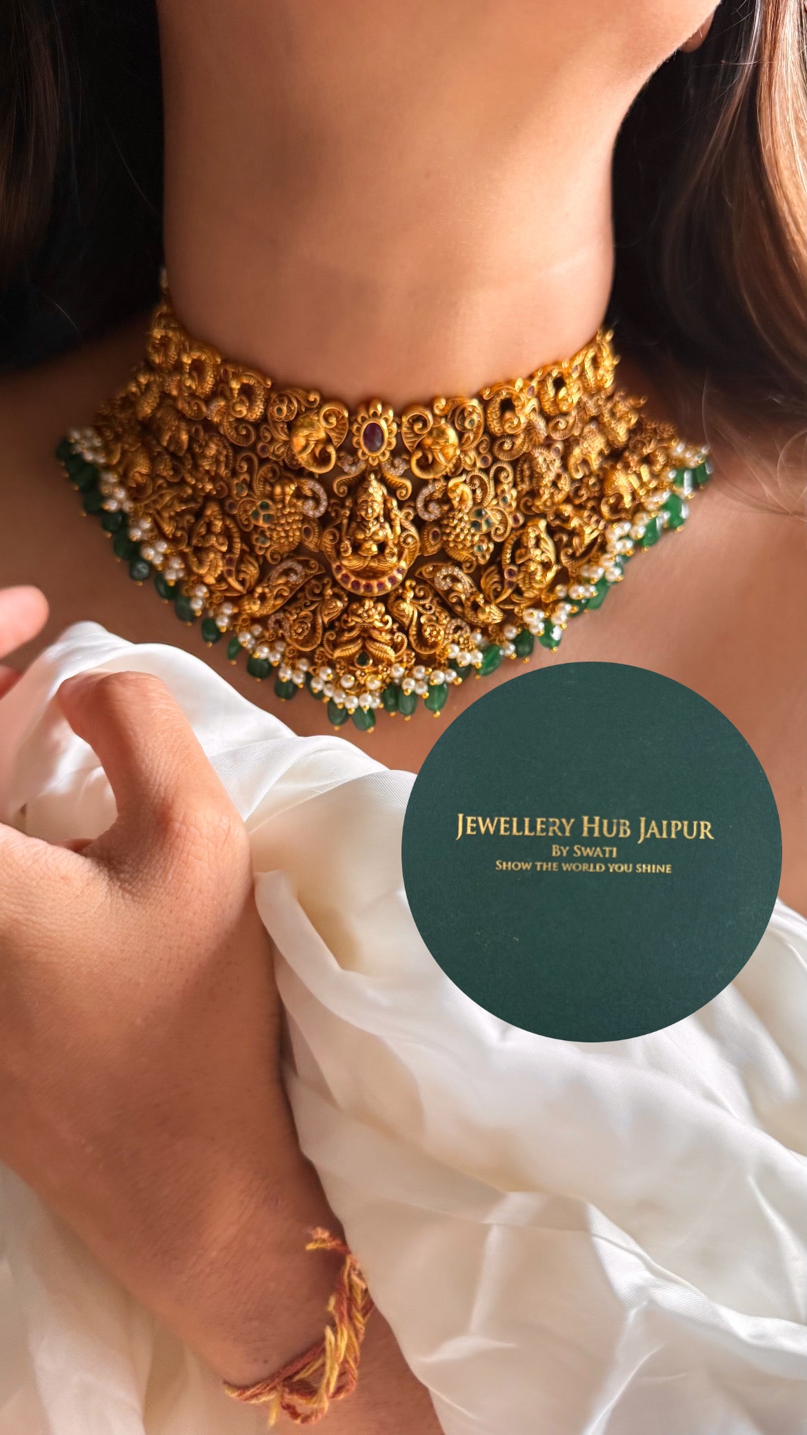 Goddess laxmi & peacock design with emerald & pearl drop temple choker set