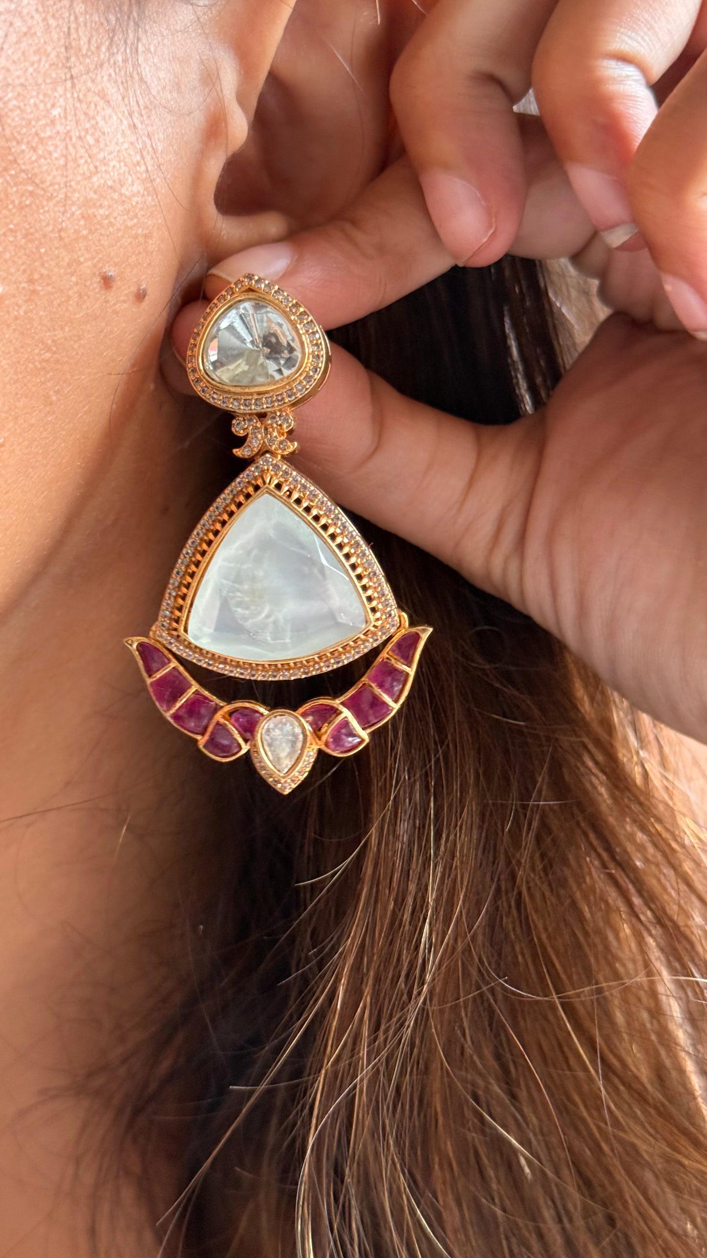 Mother of pearl and Ruby uncut polki danglers