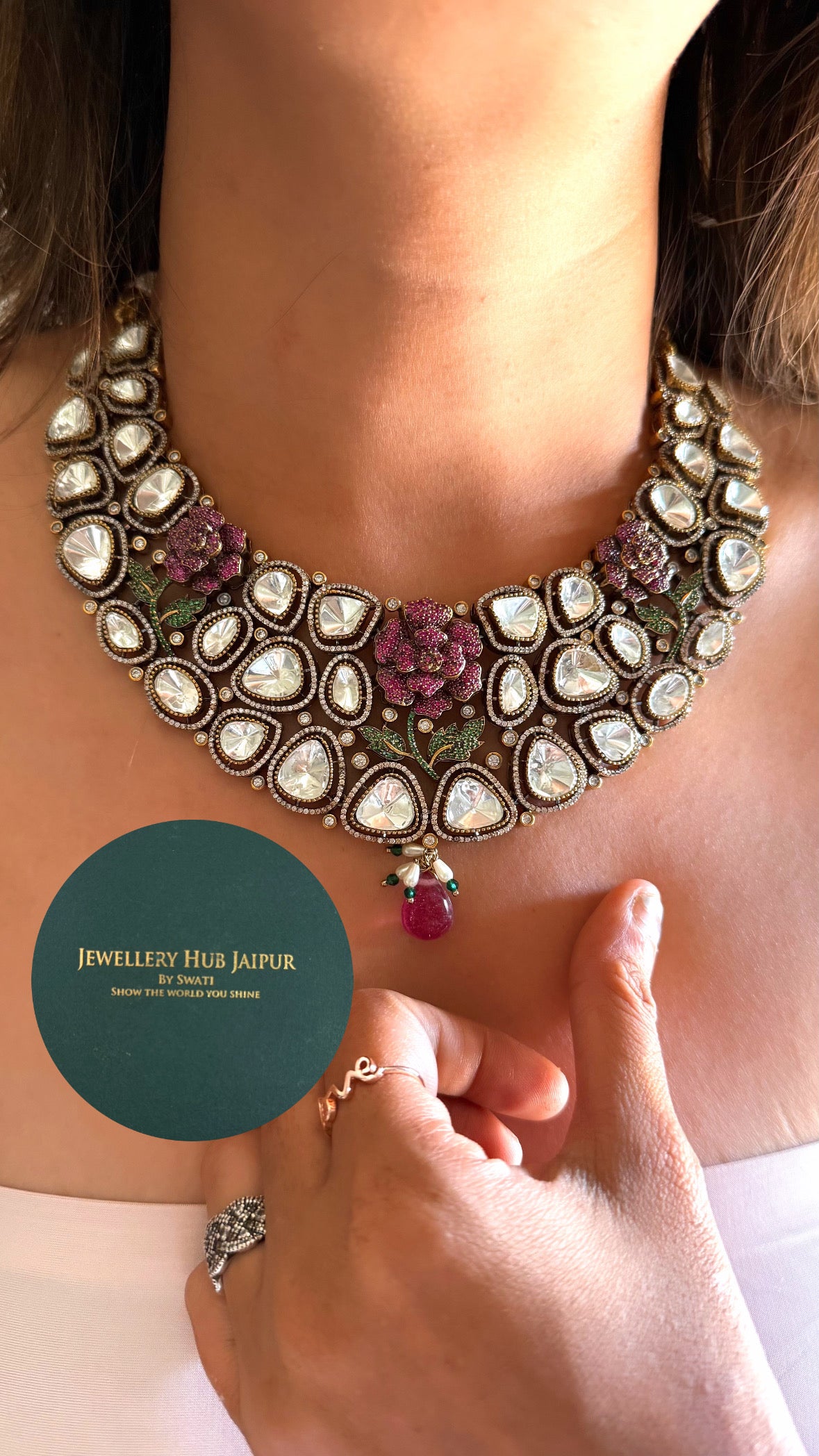 Ruby Rose moissanite polki victorian designer collar set